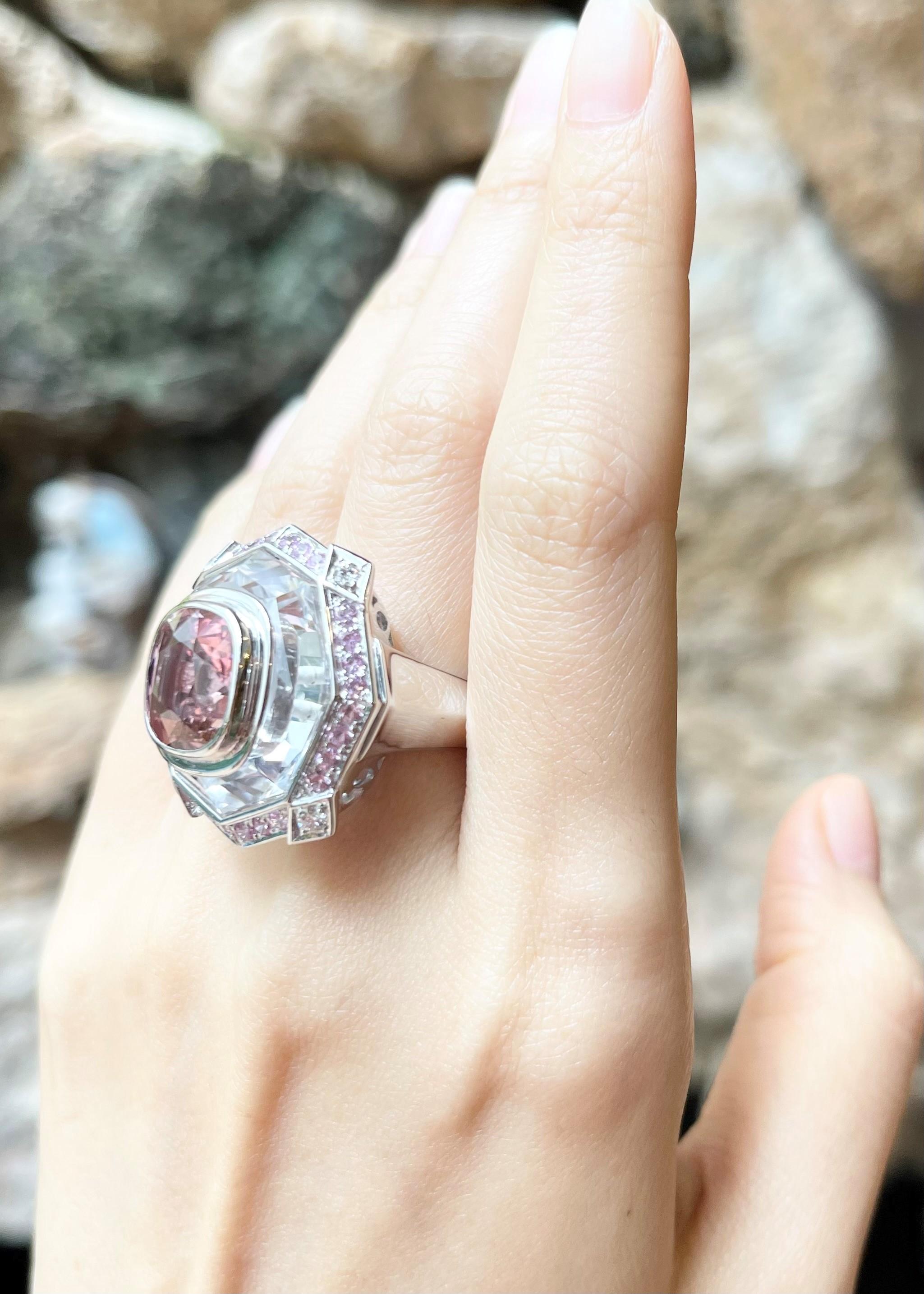 Mixed Cut Pink Tourmaline, Pink Sapphire, White Topaz and Diamond Ring in 18K White Gold For Sale