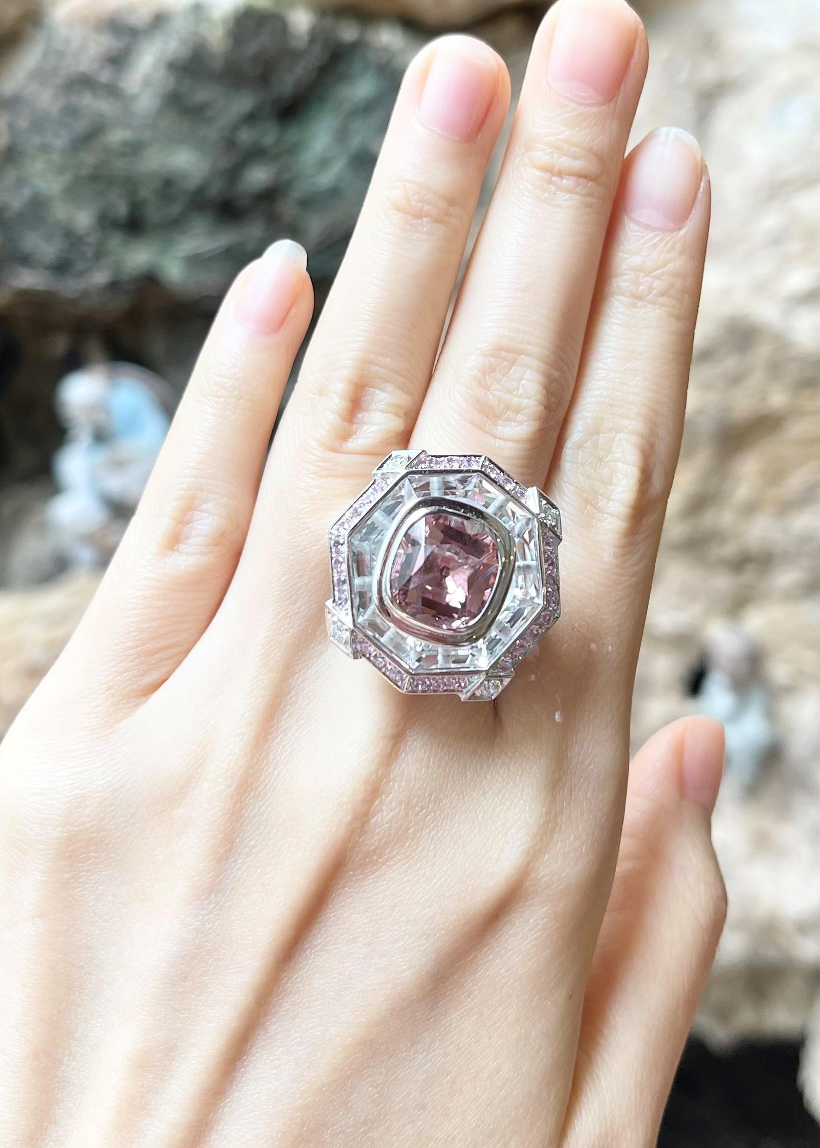 Women's Pink Tourmaline, Pink Sapphire, White Topaz and Diamond Ring in 18K White Gold For Sale