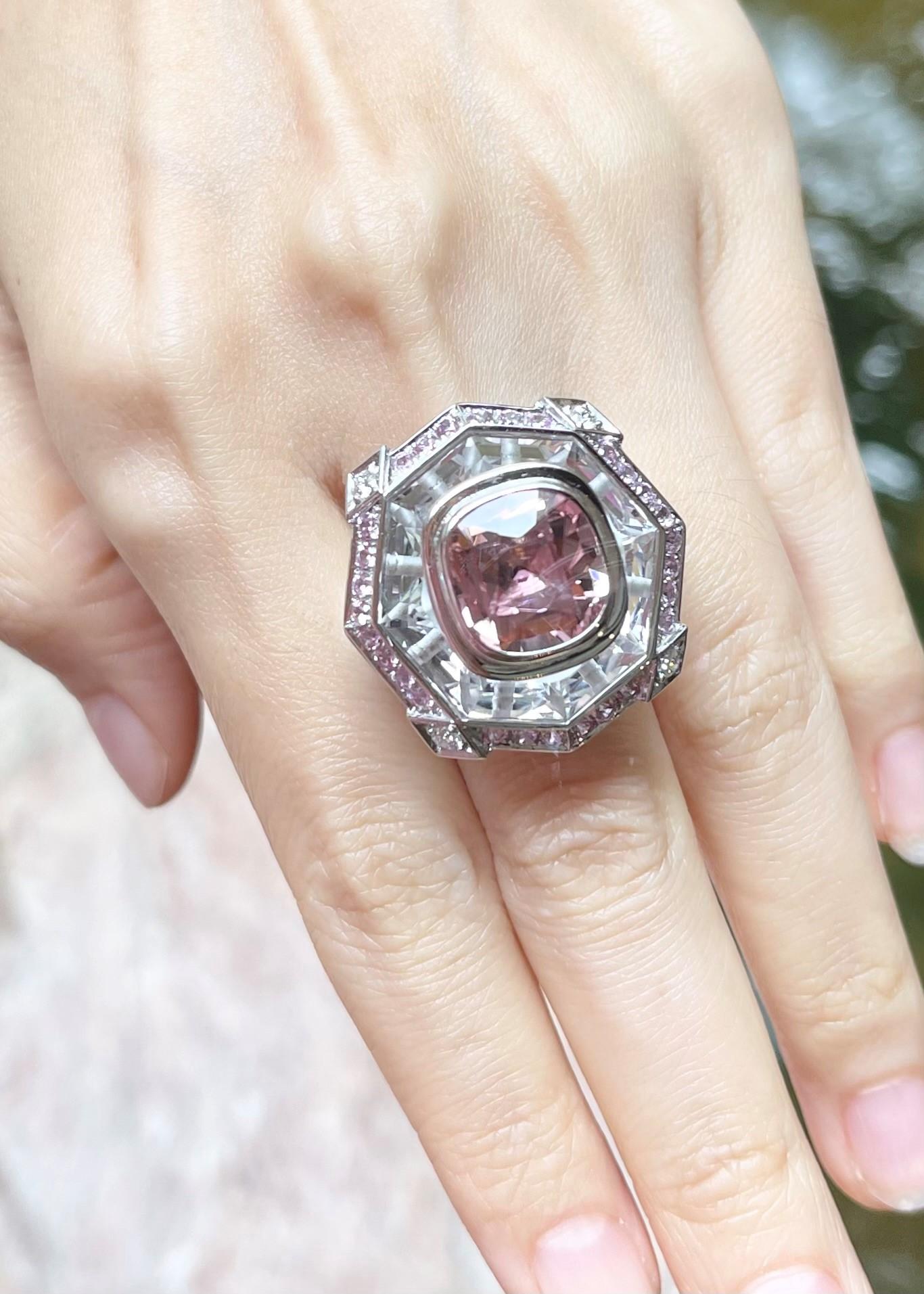 Pink Tourmaline, Pink Sapphire, White Topaz and Diamond Ring in 18K White Gold For Sale 1
