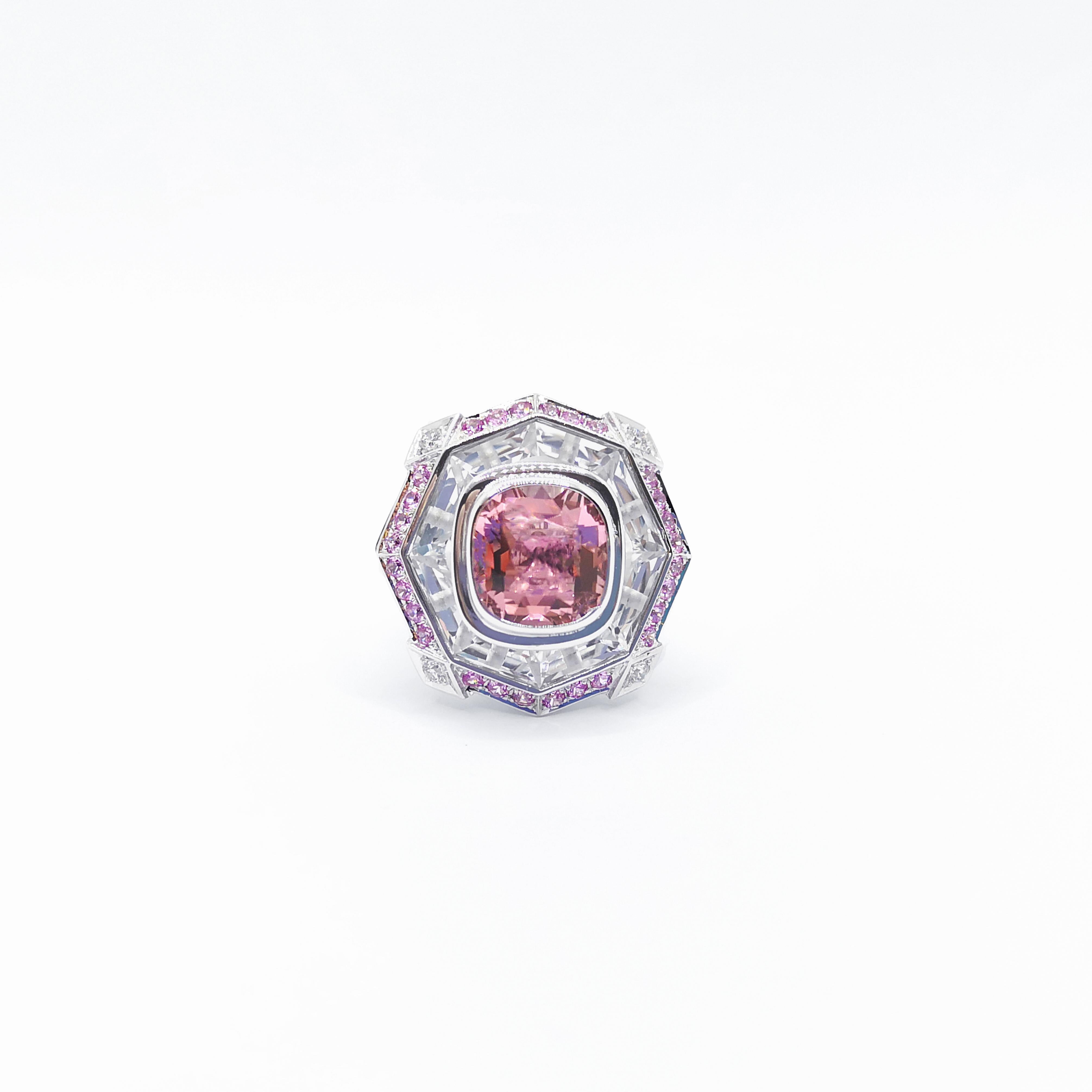 Pink Tourmaline, Pink Sapphire, White Topaz and Diamond Ring in 18K White Gold For Sale 2