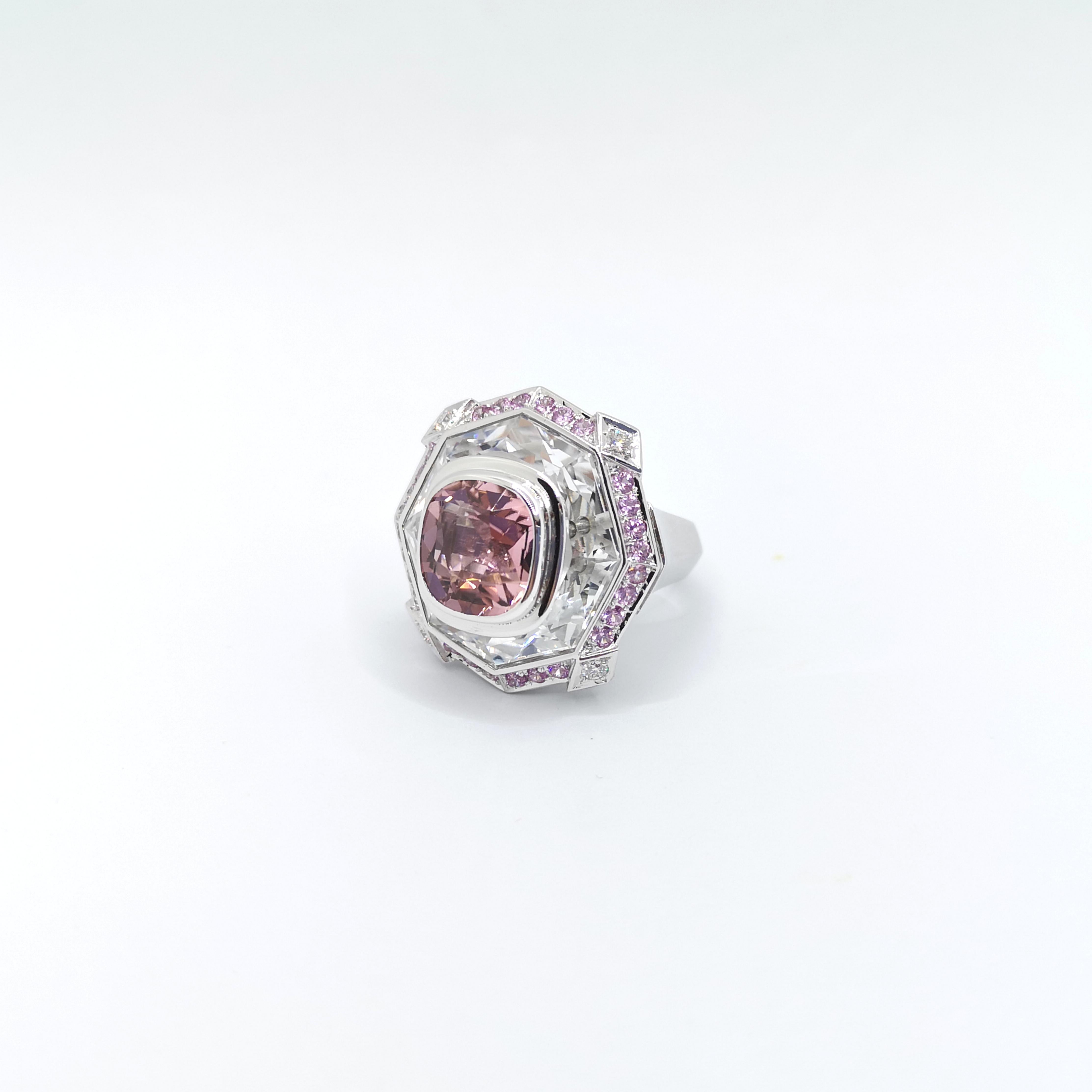 Pink Tourmaline, Pink Sapphire, White Topaz and Diamond Ring in 18K White Gold For Sale 3