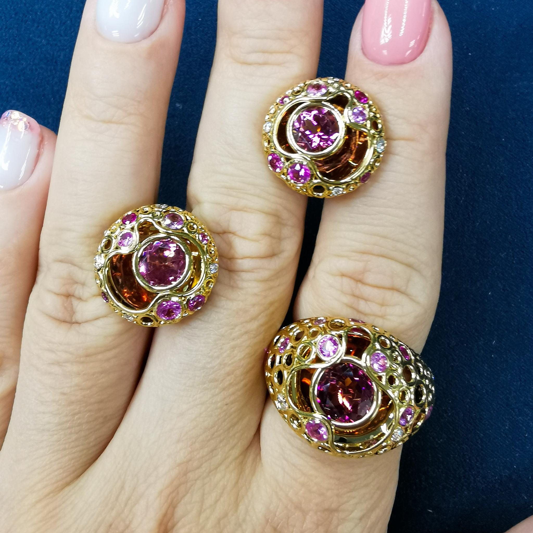 Pink Tourmaline Pink Sapphires Diamonds 18 Karat Yellow Gold Bubble Suite
Incredibly light and airy Suite from our Bubbles Collection. White 18 Karat Gold is made in the form of variety of small bubbles, some of which have Pink Sapphires and
