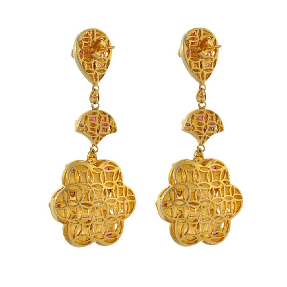 Rosa Turmalin & Polki Diamanten Blumenförmige Ohrringe aus 14 Karat Gold und Silber (Zeitgenössisch) im Angebot