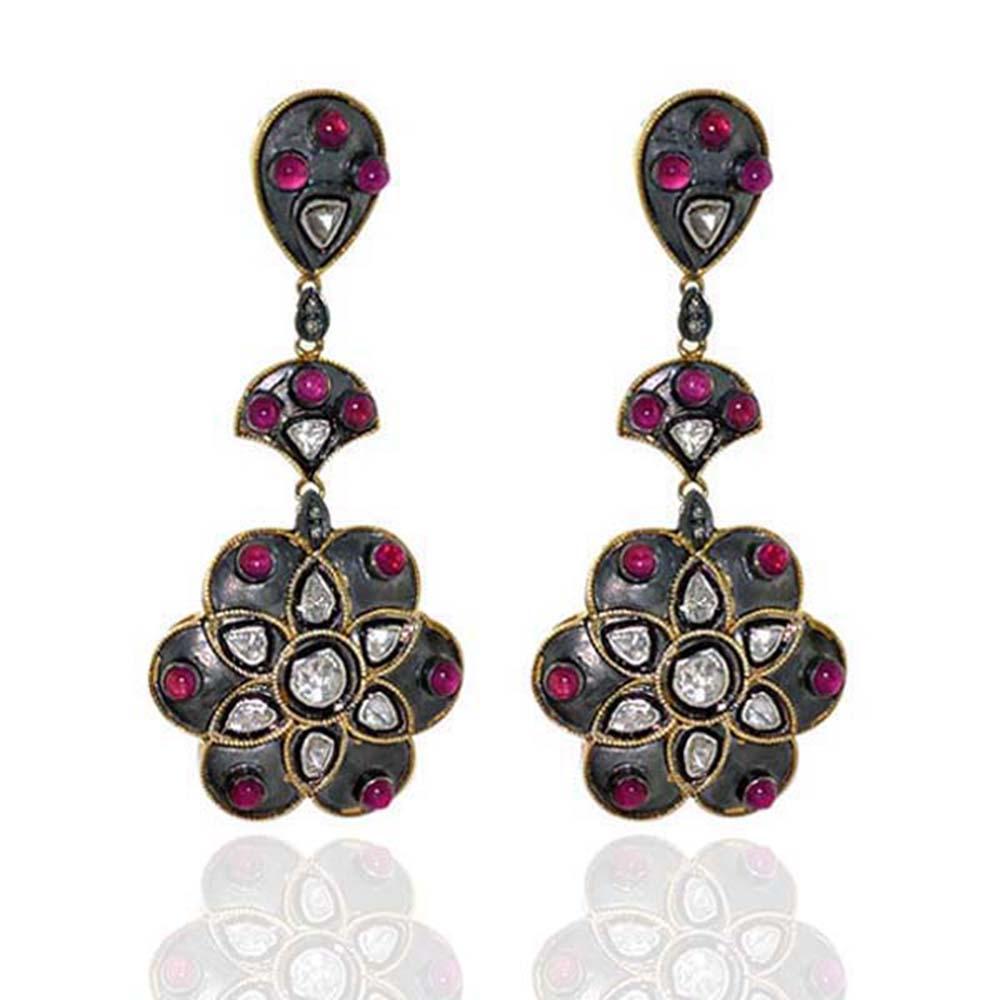 Rosa Turmalin & Polki Diamanten Blumenförmige Ohrringe aus 14 Karat Gold und Silber (Gemischter Schliff) im Angebot