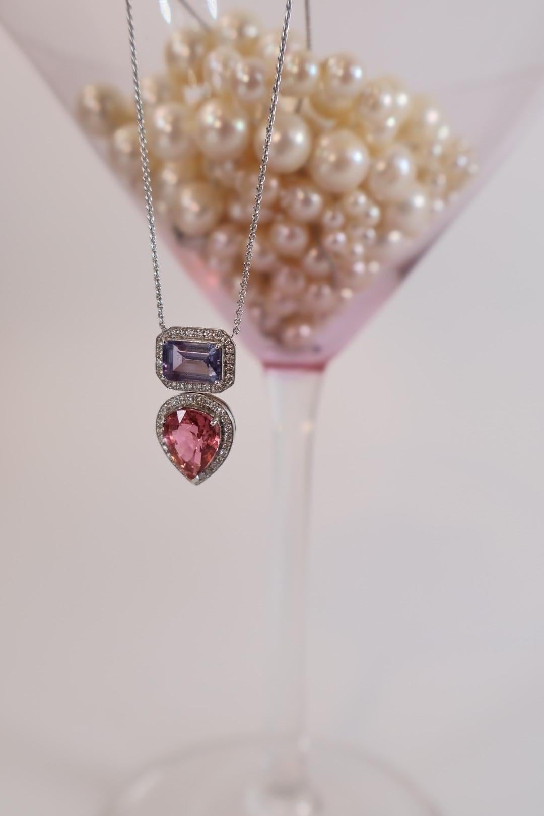 Ciondolo a goccia con tormalina rosa e spinello viola in oro bianco 18 carati con diamanti in vendita 5