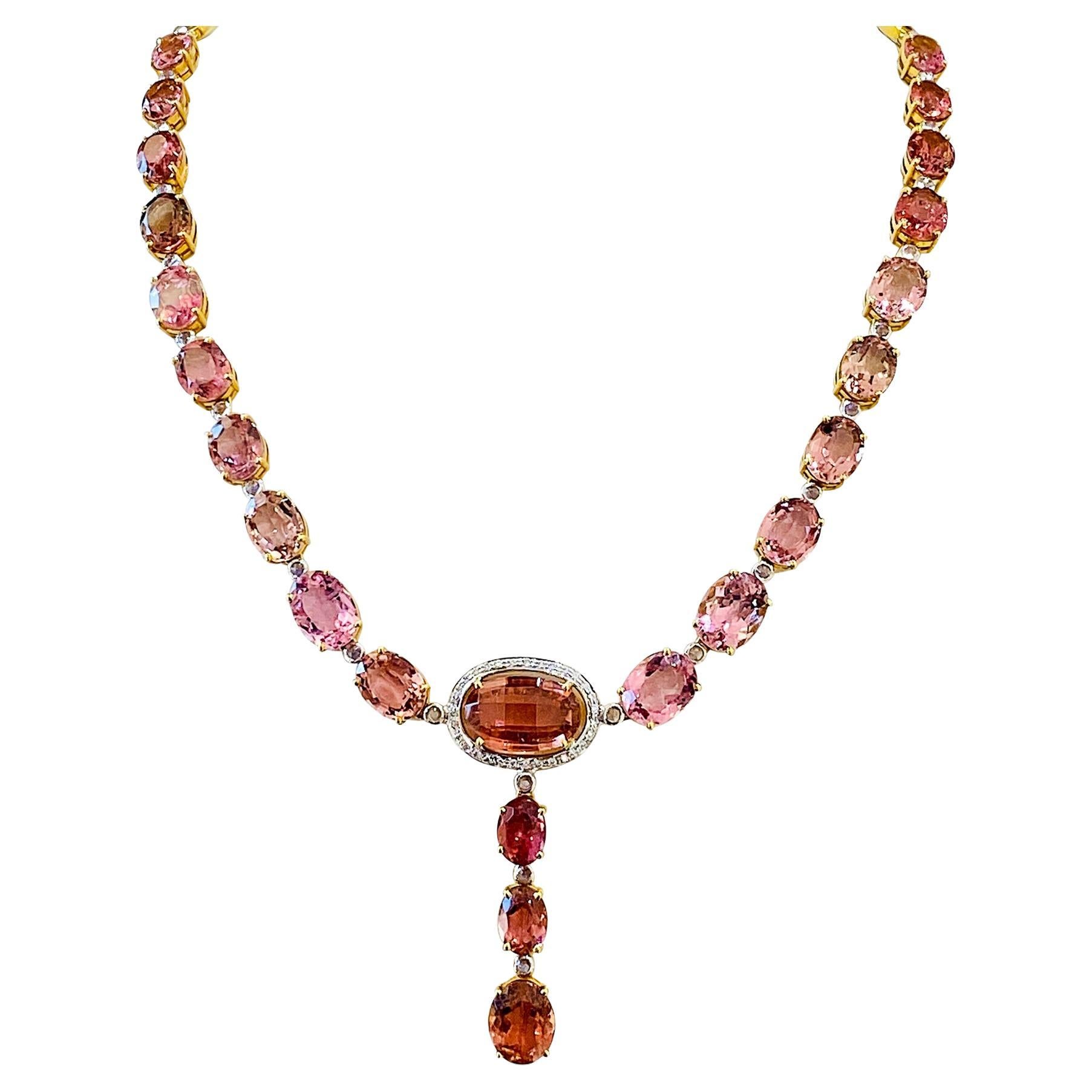 Pink Tourmaline, Rainbow Moonstone and Diamond Necklace Set in 18K Yellow Gold For Sale