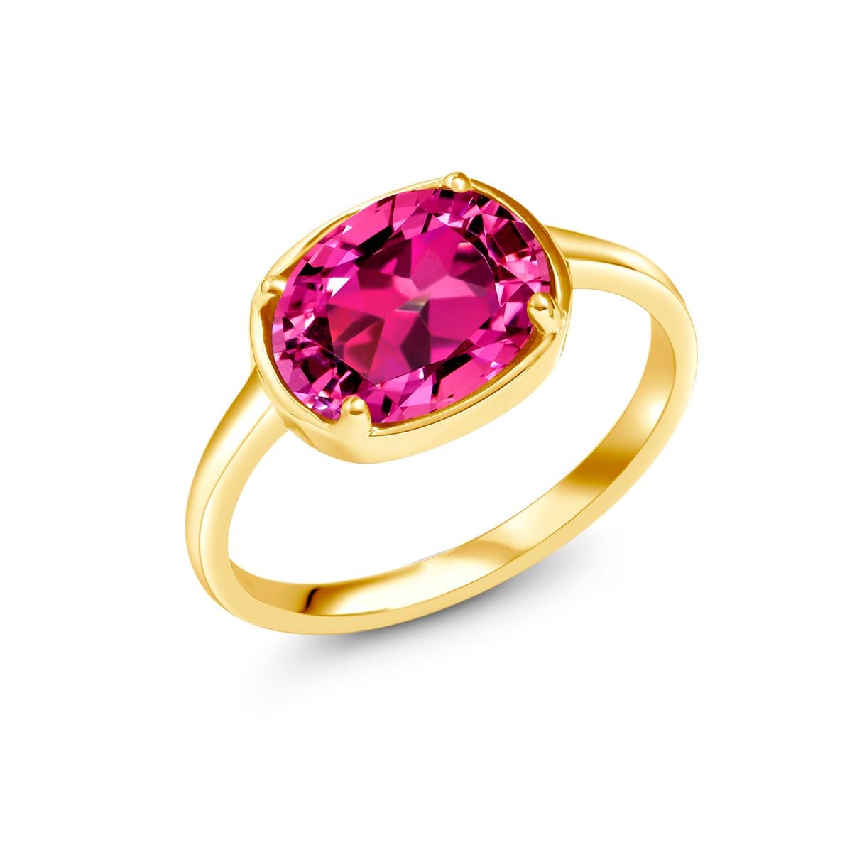 Modern Pink Tourmaline Raised Dome Yellow Gold Cocktail Ring