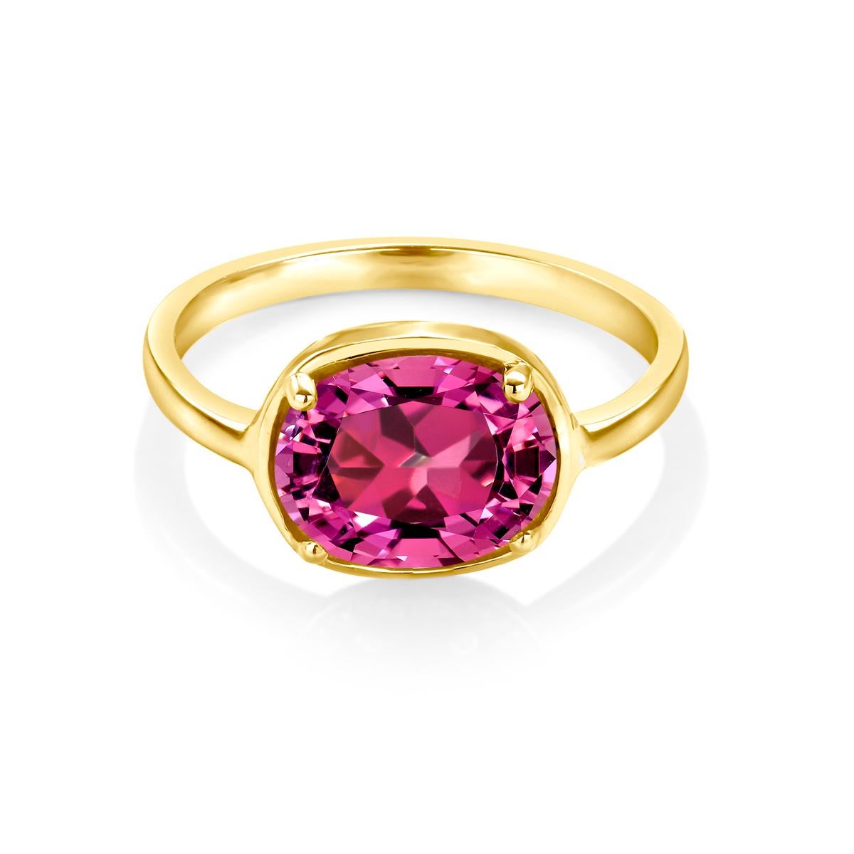 Oval Cut Pink Tourmaline Raised Dome Yellow Gold Cocktail Ring