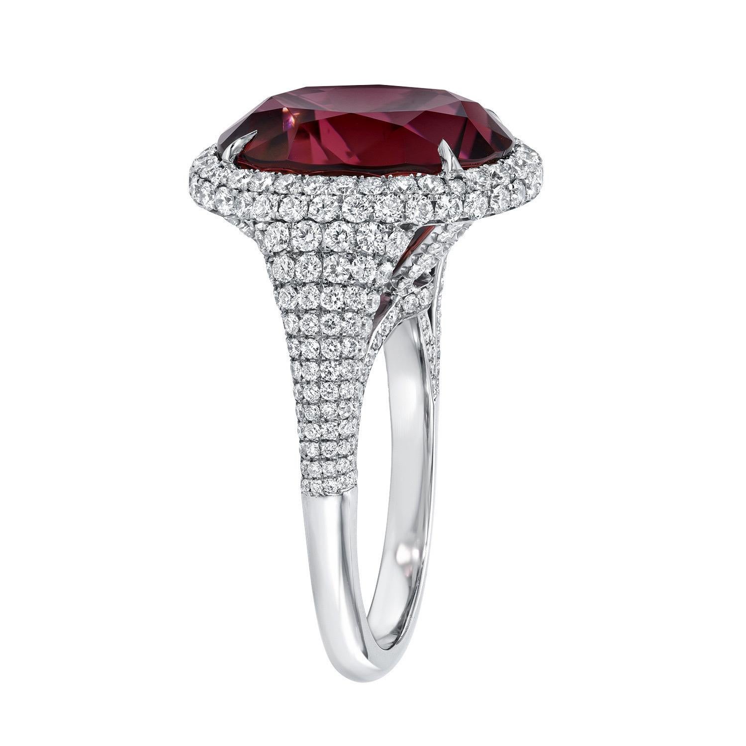 Exquisite 10.43 carat Deep Pink Tourmaline oval, nestled in a remarkable micro pave diamond ring in platinum.
Ring size 6. Resizing is complementary upon request.
Crafted by extremely skilled hands in the USA.
Returns are accepted and paid by us