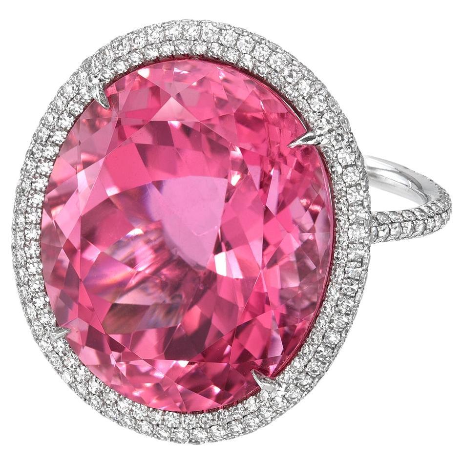 Pink Tourmaline Ring 29.79 Carat Oval Platinum Diamonds For Sale