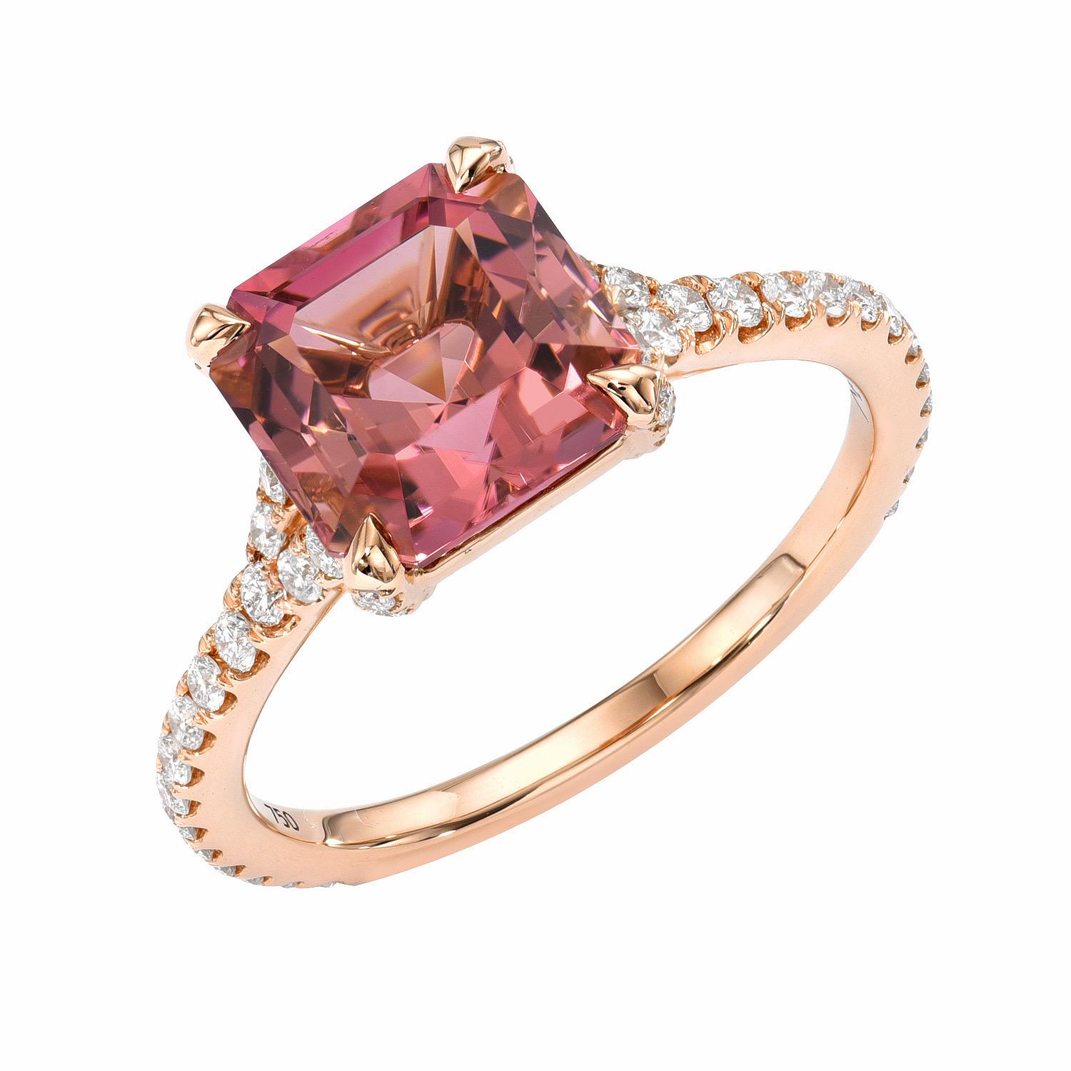 Contemporary Pink Tourmaline Ring 3.11 Carat Square Emerald Cut For Sale