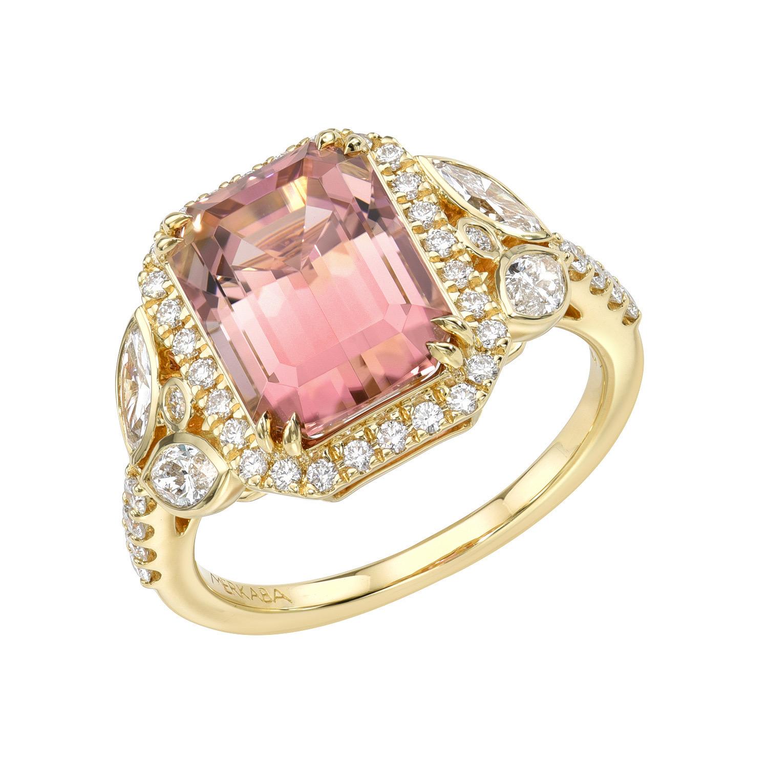 Art Deco Ring aus 18 Karat Gelbgold mit rosa Turmalin im Smaragdschliff und Diamanten (Viktorianisch)
