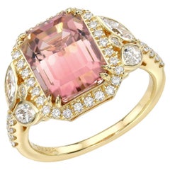 Art Deco Pink Tourmaline Emerald Cut Ring with Diamonds in 18K Yellow Gold