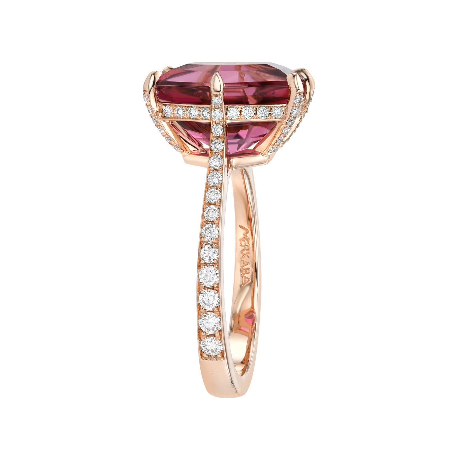 Sensational one-of-a-kind 5.50 carat Pink Tourmaline Hexagon, 18K rose gold ring, decorated with a total of 0.46 carat round brilliant collection diamonds.
Ring size 6.5. Resizing is complementary upon request.
Crafted by extremely skilled hands in