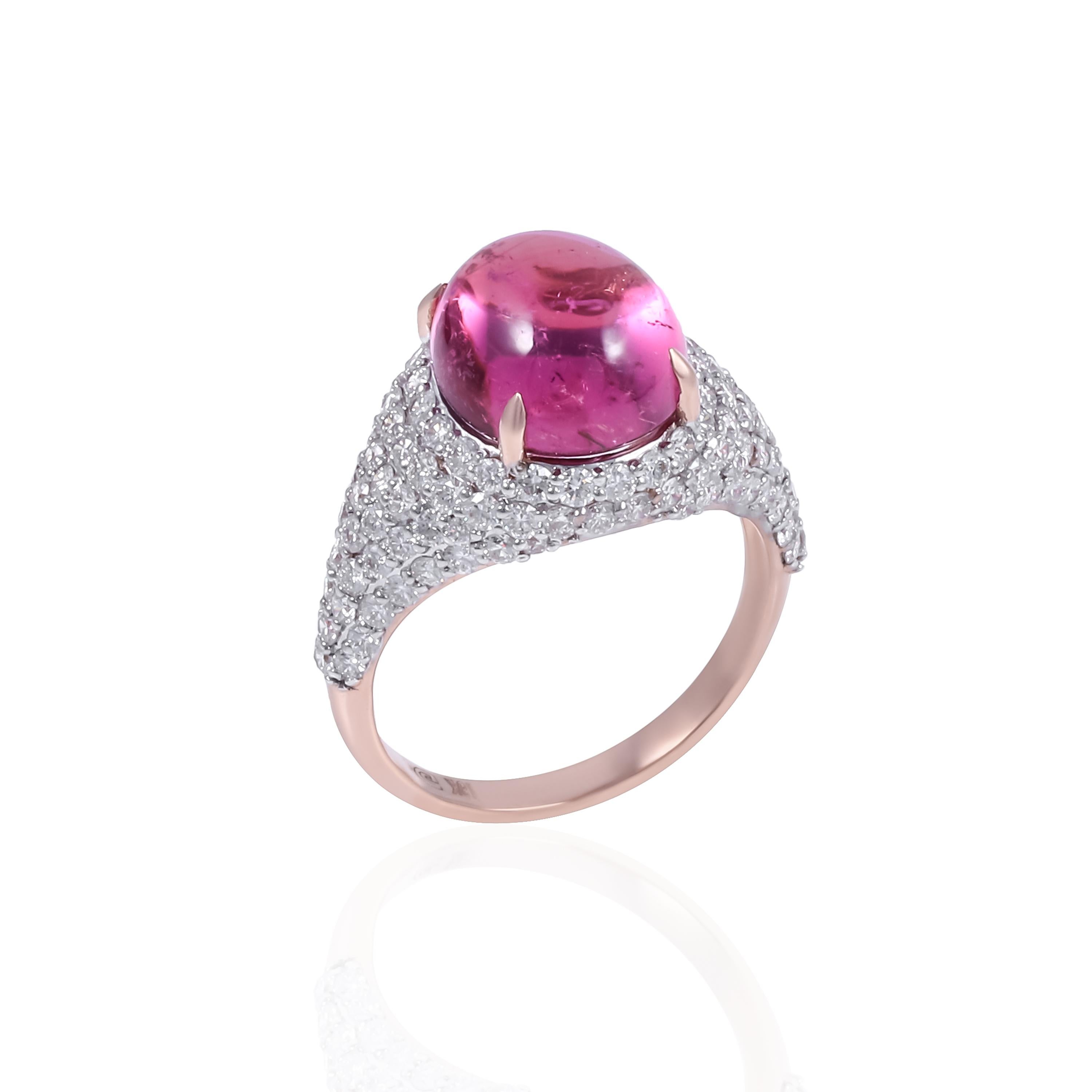 Cabochon Pink Tourmaline Ring 6.55 Carat with Diamonds on the side band For Sale