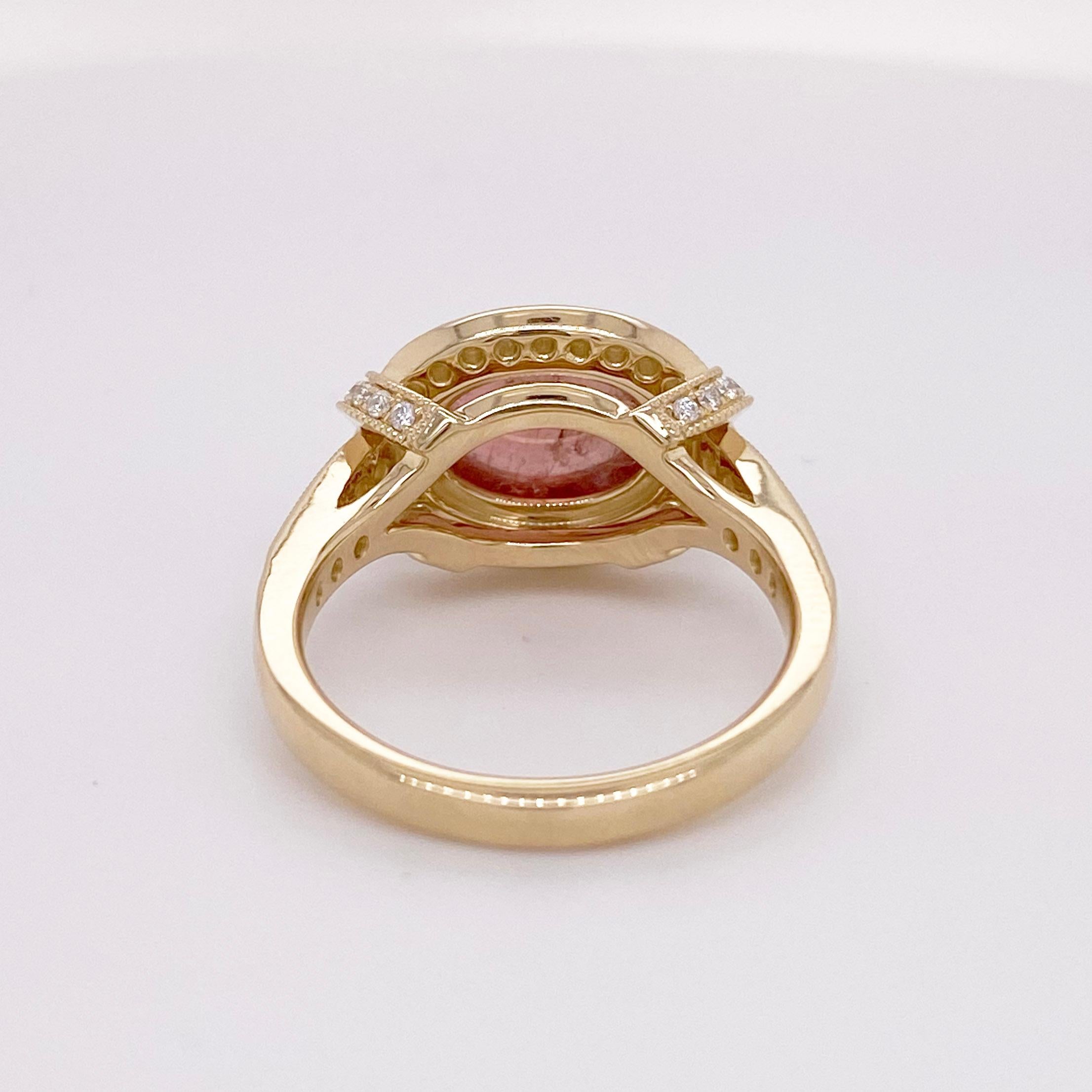 For Sale:  Pink Tourmaline Ring, Diamond Halo in Yellow Gold 3.75 Carats Custom Made 3