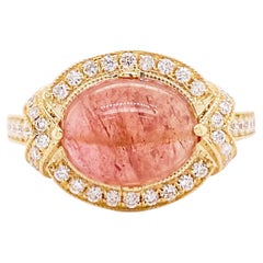 Bague en tourmaline rose, halo de diamants en or jaune 3,75 carats, faite sur mesure