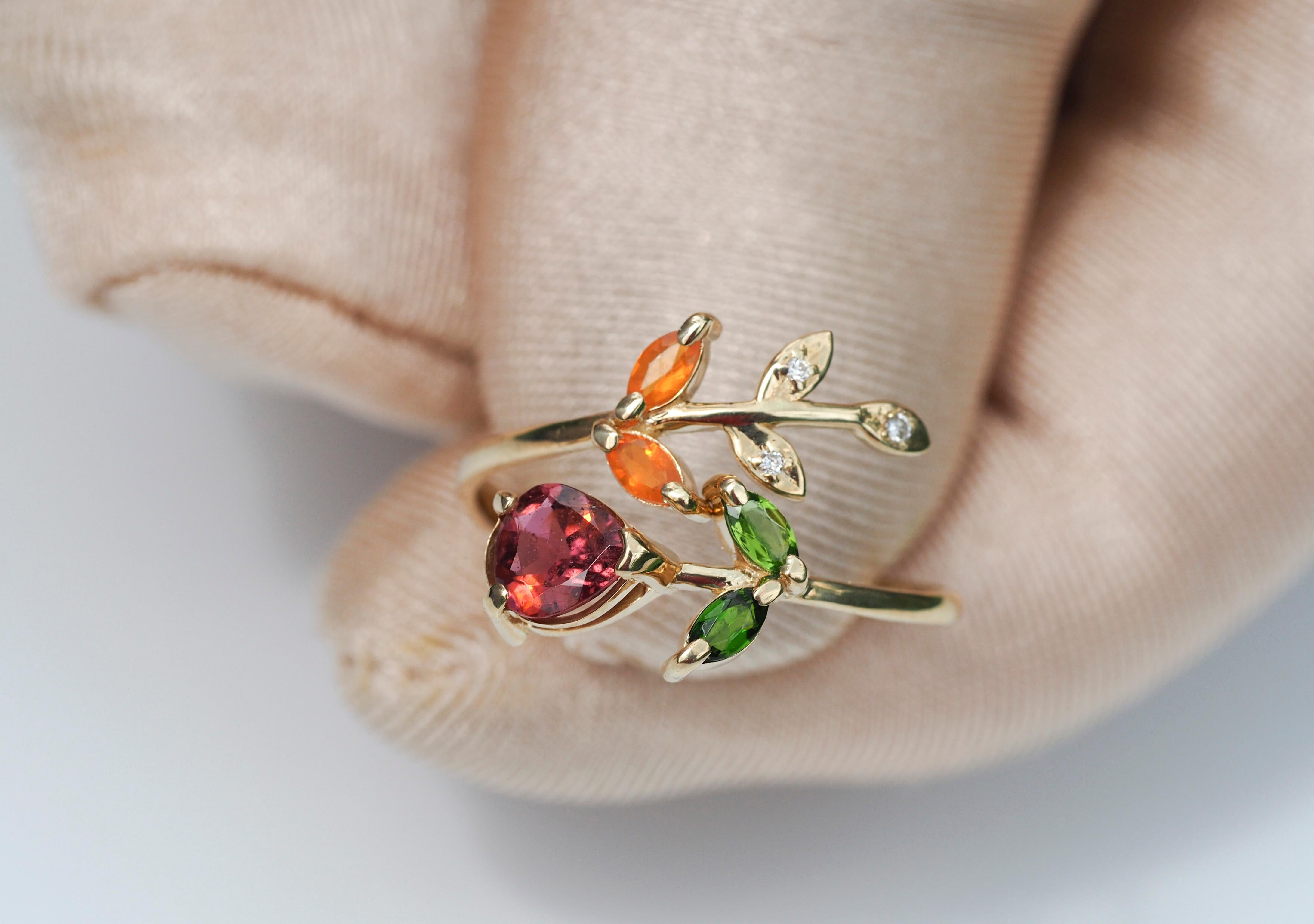 For Sale:  Pink Tourmaline Ring in 14k Gold, Flower Gold Ting 12