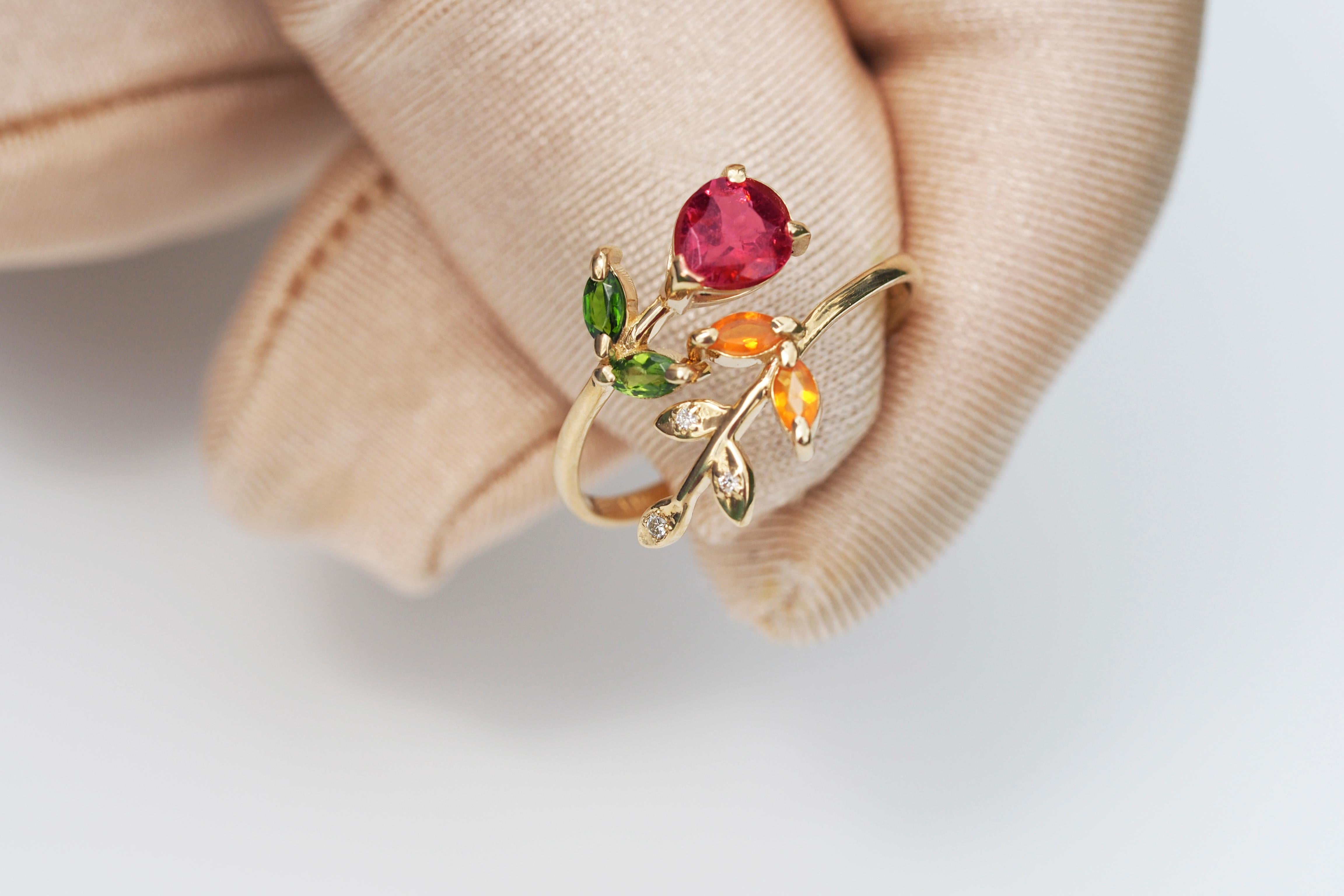 En vente :  Bague en tourmaline rose en or 14 carats, ornée d'une fleur 2