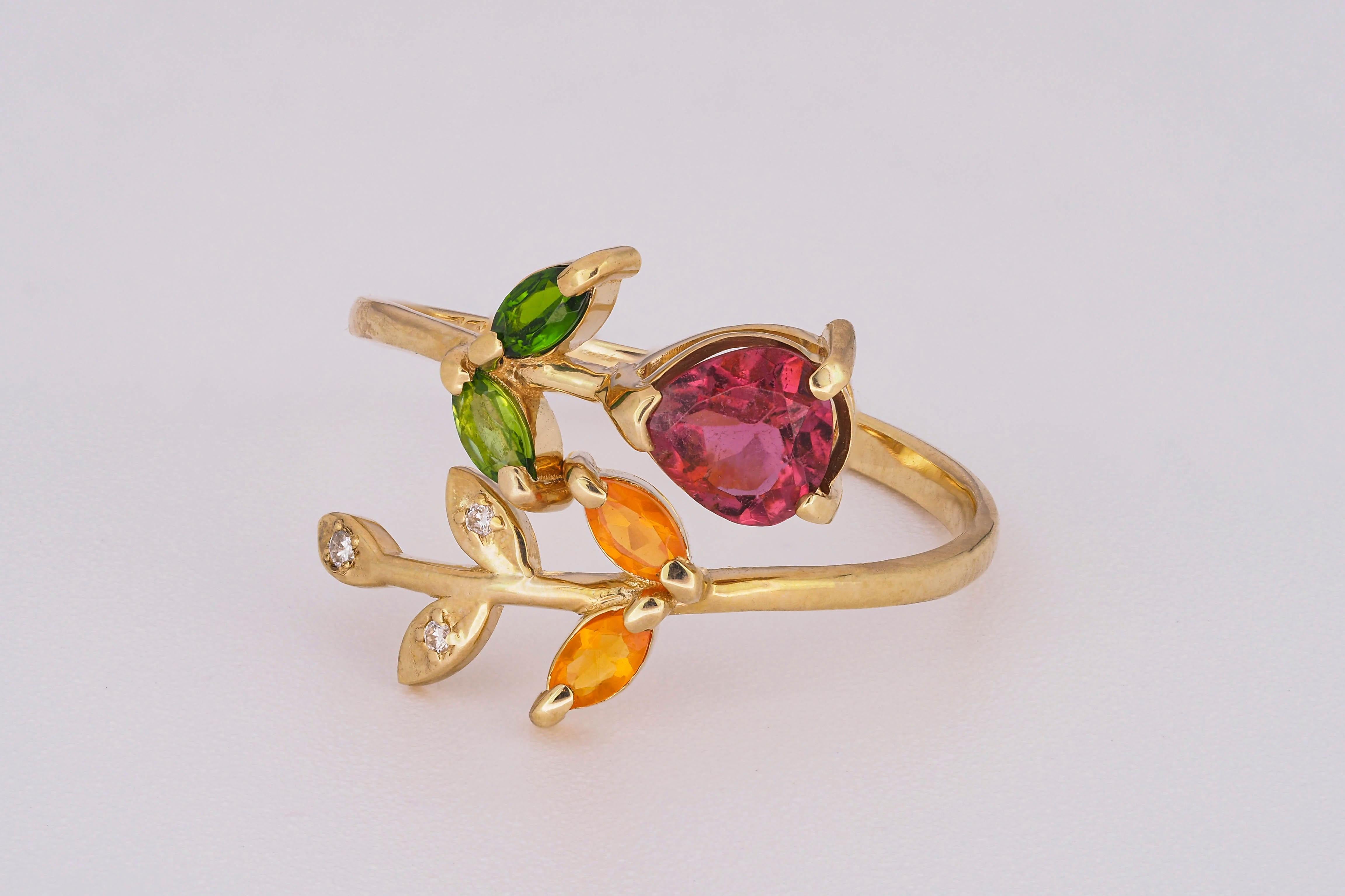 For Sale:  Pink Tourmaline Ring in 14k Gold, Flower Gold Ting 3