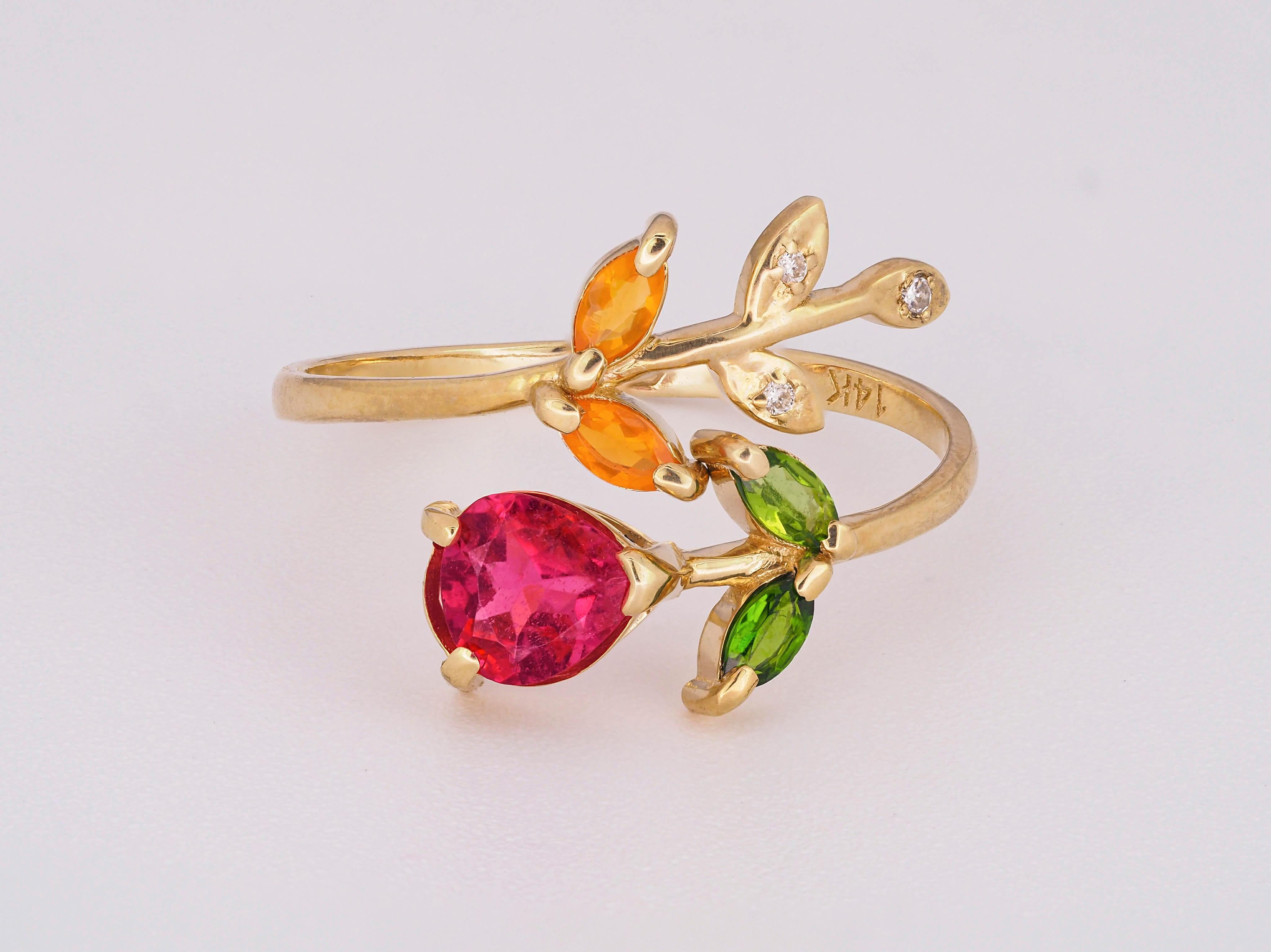 En vente :  Bague en tourmaline rose en or 14 carats, ornée d'une fleur 4