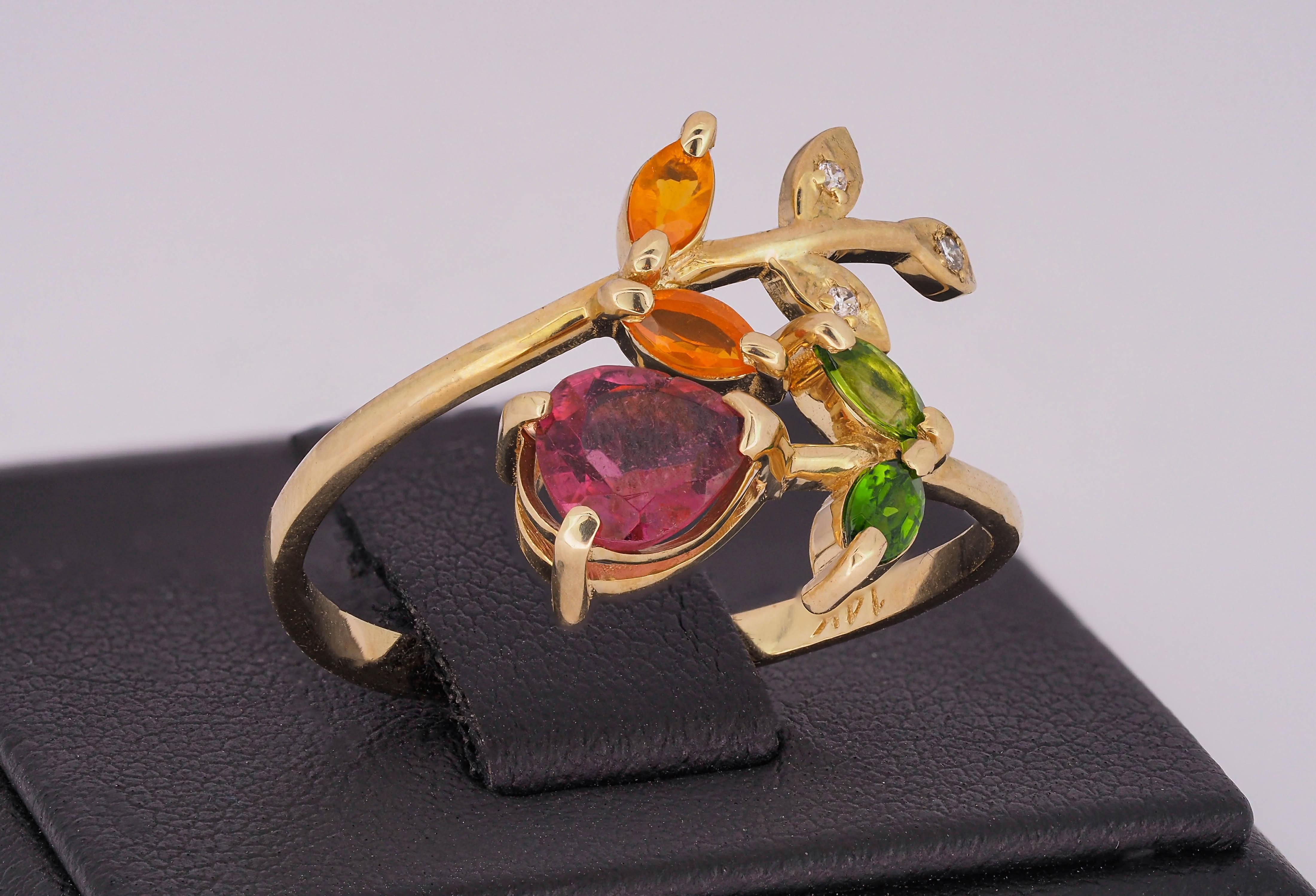 For Sale:  Pink Tourmaline Ring in 14k Gold, Flower Gold Ting 9