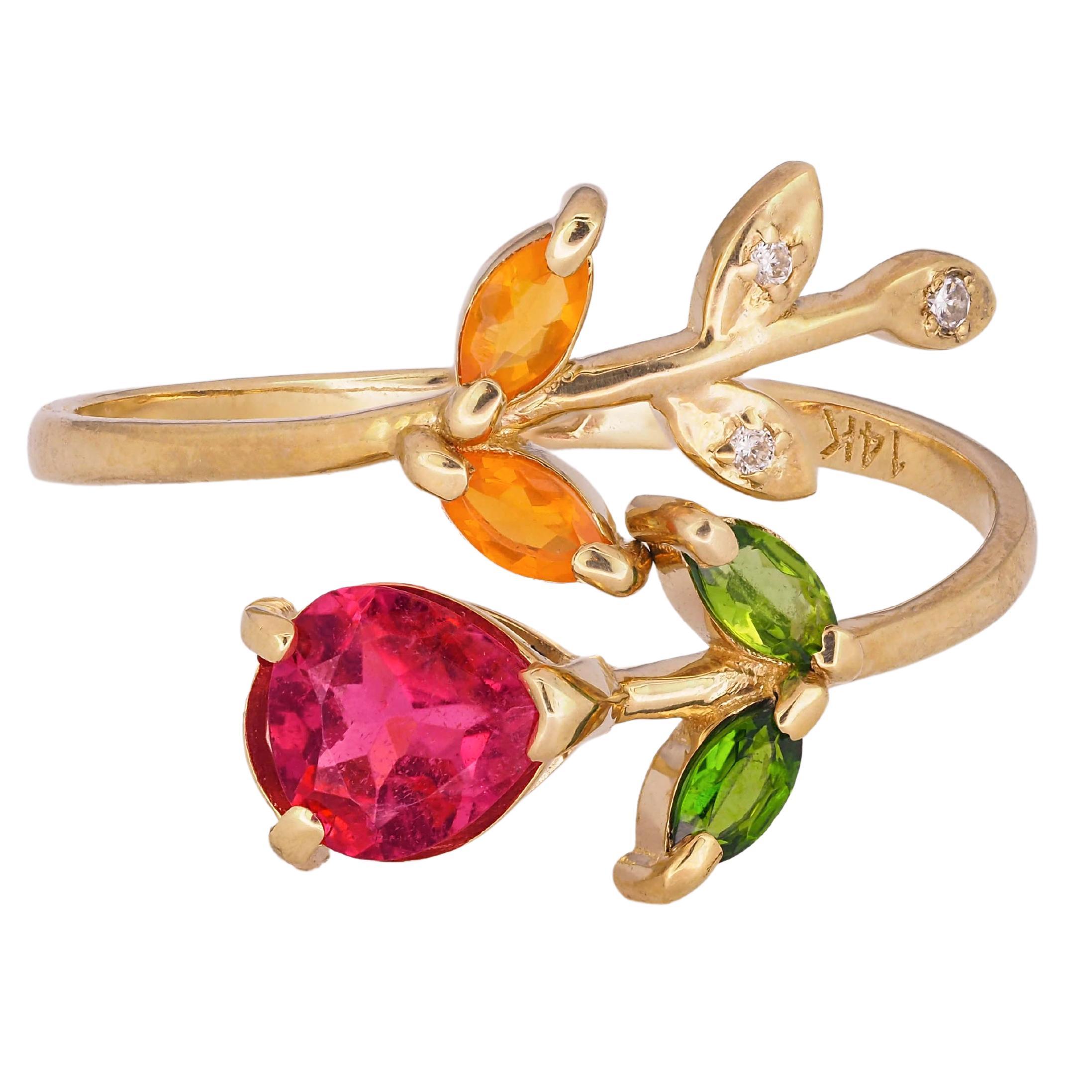 Pink Tourmaline Ring in 14k Gold, Flower Gold Ting