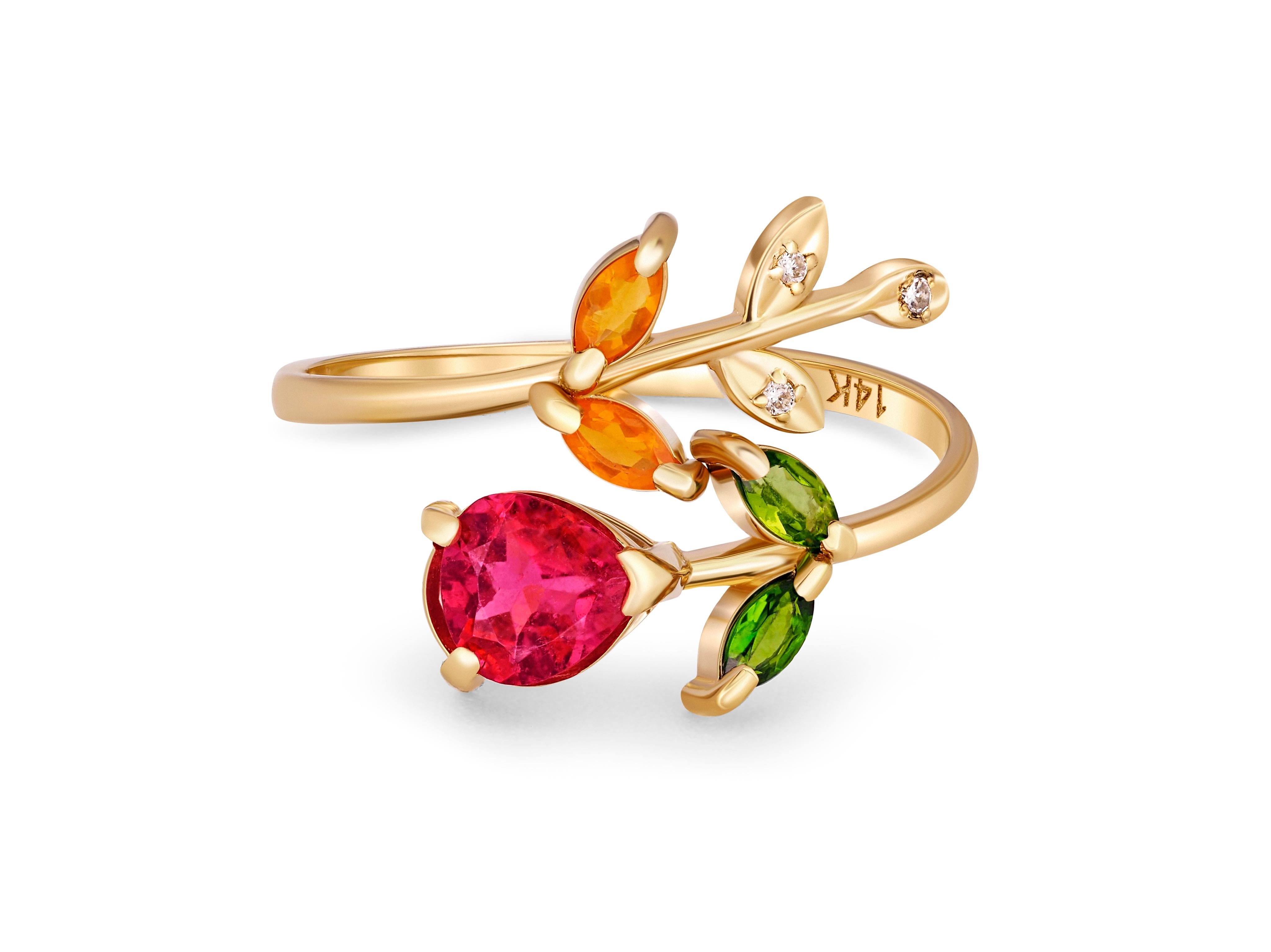Pink tourmaline ring in 14k gold. 
Rubelite tourmaline gold ring. Flower gold ting. Open ended ring. Colorfull ring. October birthstone ring.

Metal: 14k gold
Weight: 2.55 g. depends from size.

Set with tourmaline, pink color.
Pear shape, approx