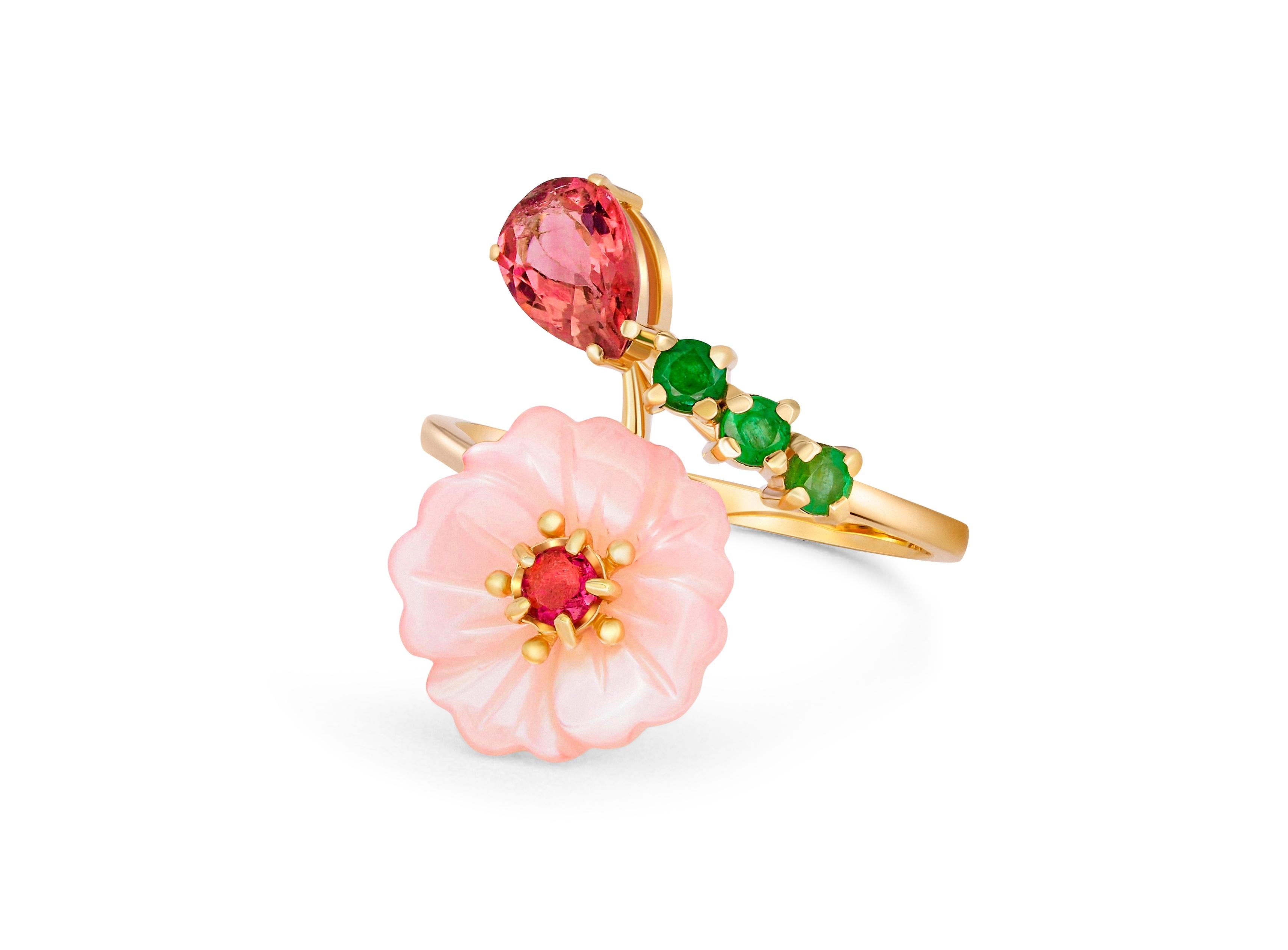 Pink tourmaline ring in 14k gold. 

Pear tourmaline gold ring. Flower gold ting. Open ended ring. Colorfull ring. October birthstone ring.

Metal: 14k gold
Weight: 2.55 g. depends from size.

Set with tourmaline, pink color.
Pear shape, approx 0.8