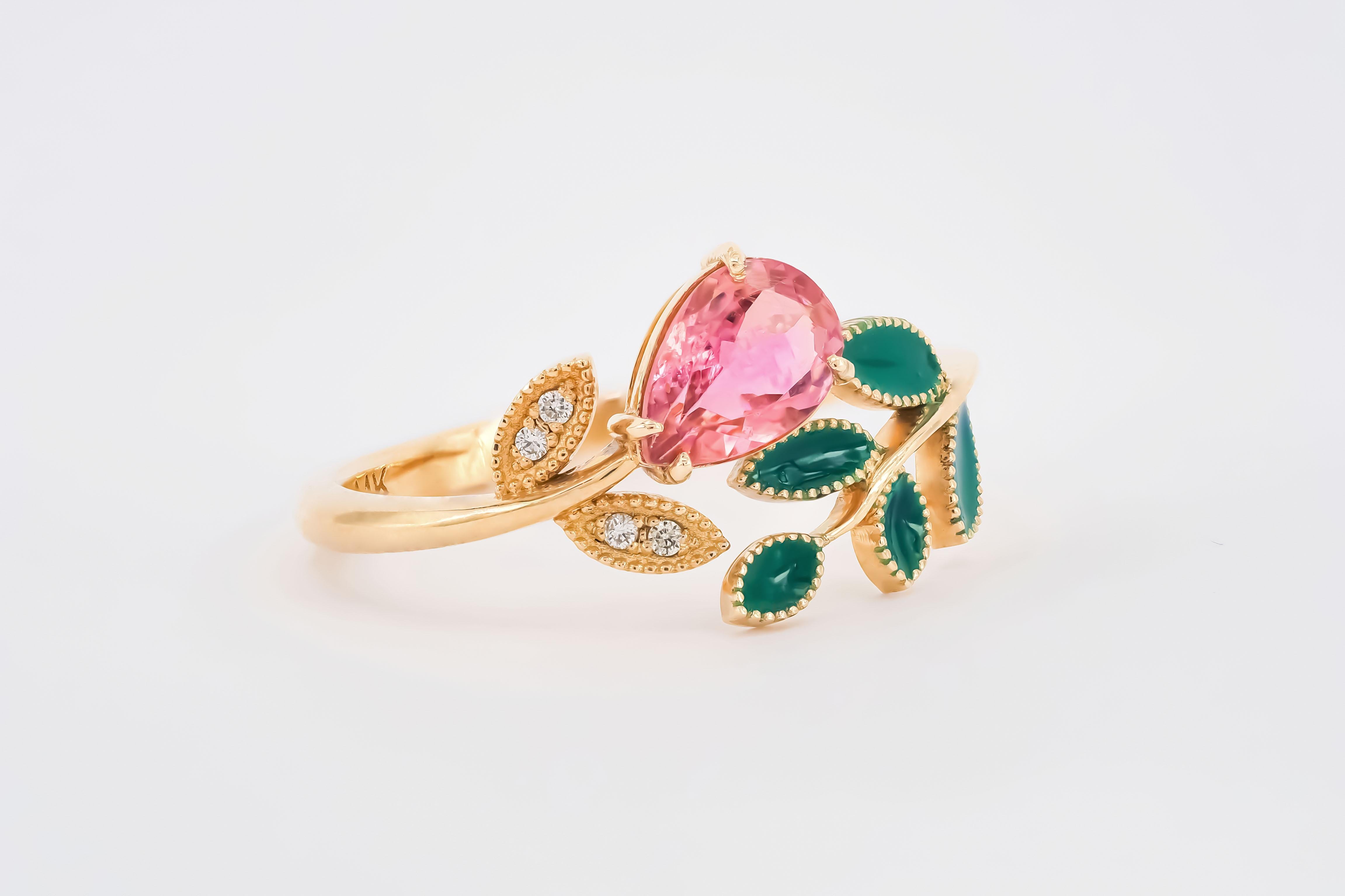 Pink tourmaline ring in 14k gold. 
Pear tourmaline gold ring. Flower gold ting. Open ended ring. Colorfull ring. October birthstone ring.

Metal: 14k gold
Weight: 2.55 g. depends from size.

Set with tourmaline, pink color.
Pear shape, approx 0.8