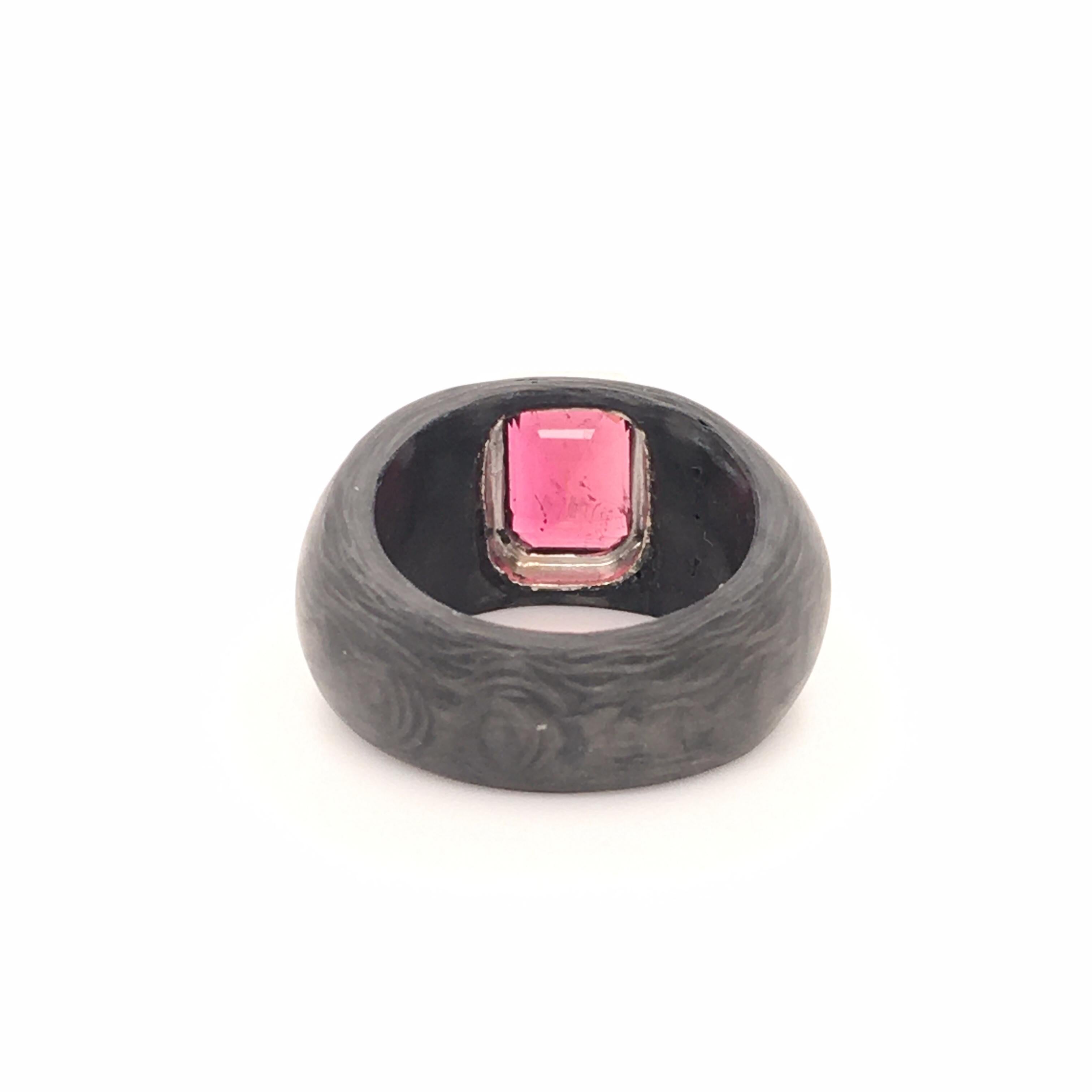 Women's or Men's Pink Tourmaline Ring in Carbon and 18 Karat White Gold