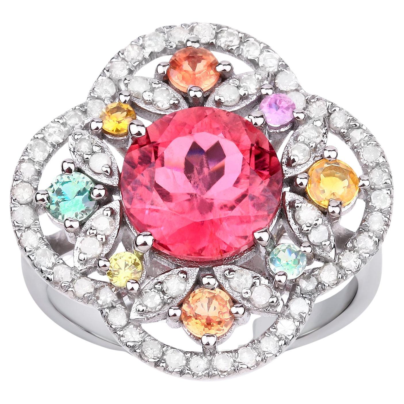 Pink Tourmaline Ring Multicolor Sapphires and Diamonds 4.60 Carats