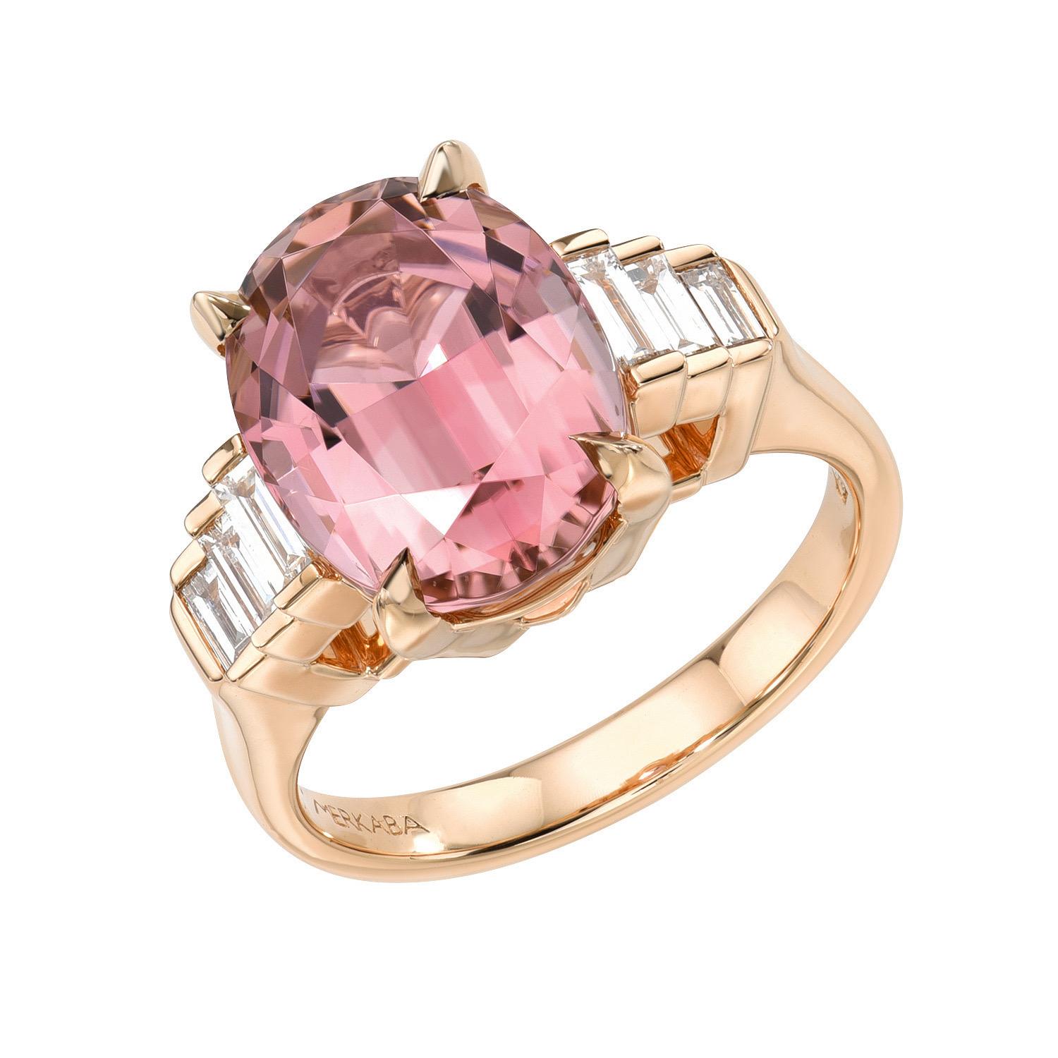 Superb 6.79 carat Pink Tourmaline oval, 18K rose gold ring, decorated with a total of 0.40 carat collection baguette diamonds.
Ring size 6.5. Resizing is complementary upon request.
Returns are accepted and paid by us within 7 days of