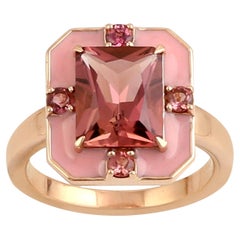 Pink Tourmaline Ring WIth Pink Enamel & Diamonds Made In 18k Yellow Gold