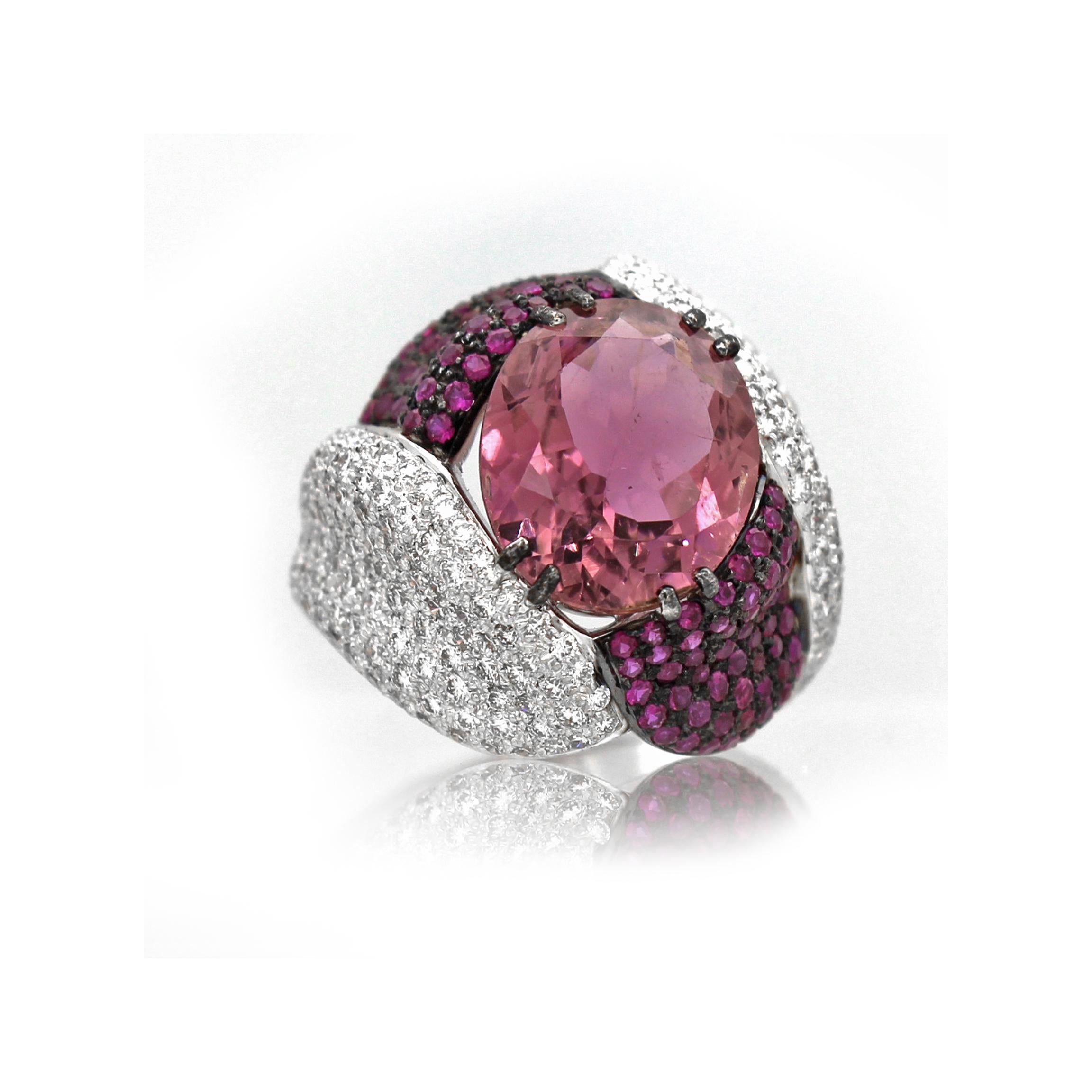 Pink Tourmaline Ring with White Diamond and Ruby For Sale