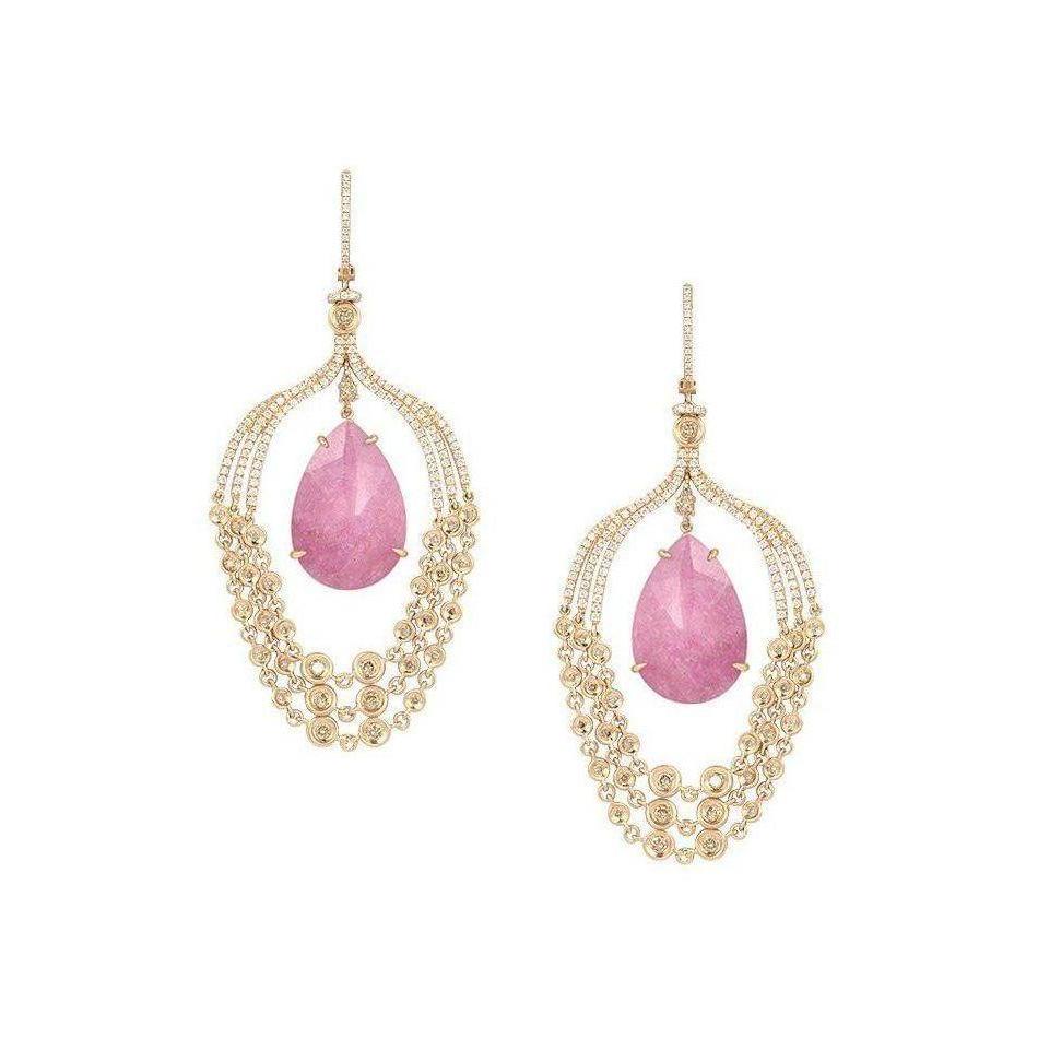 Pink Tourmaline Rock Crystal Diamond 18 Karat Rose Gold Chandelier Earrings