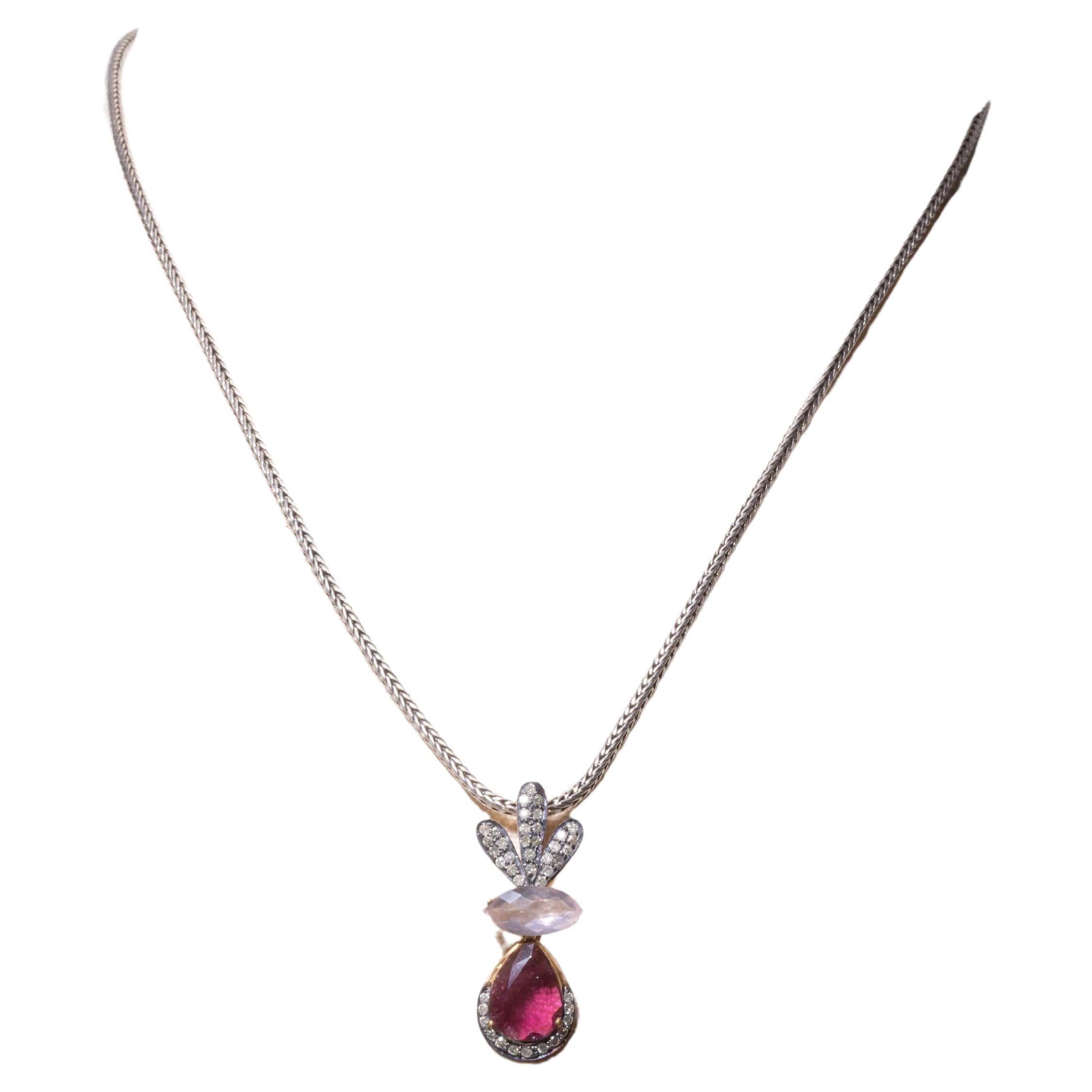 Pink Tourmaline, Rose Quartz and Diamond Pendant Necklace For Sale