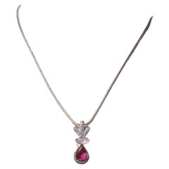 Pink Tourmaline, Rose Quartz and Diamond Pendant Necklace