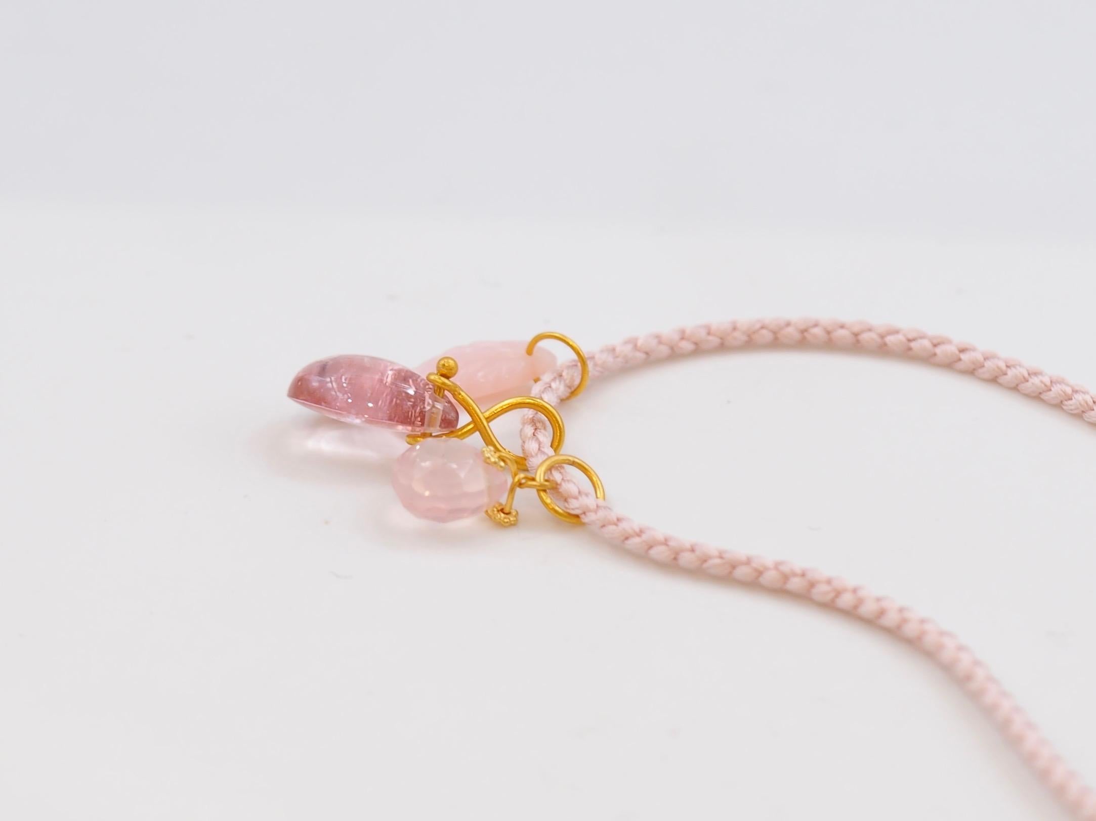 Contemporary Pink Tourmaline Rose Quartz Pink Opal 22 kt Gold Pendant Necklace  For Sale