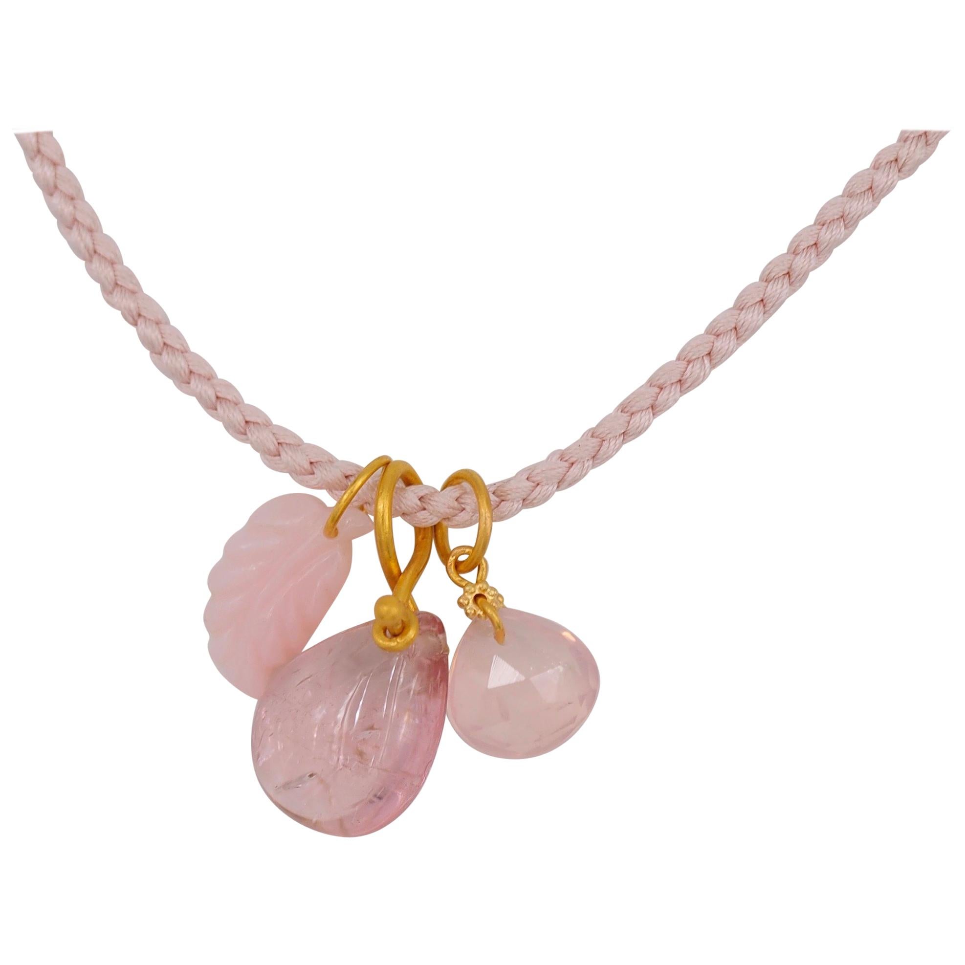 Pink Tourmaline Rose Quartz Pink Opal 22 kt Gold Pendant Necklace  For Sale
