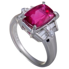 Pink Tourmaline Round and Tapered Baguette Diamond Platinum Ring
