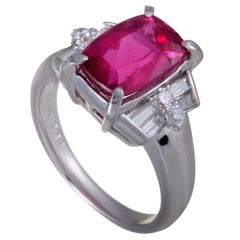 Pink Tourmaline Round and Tapered Baguette Diamond Platinum Ring