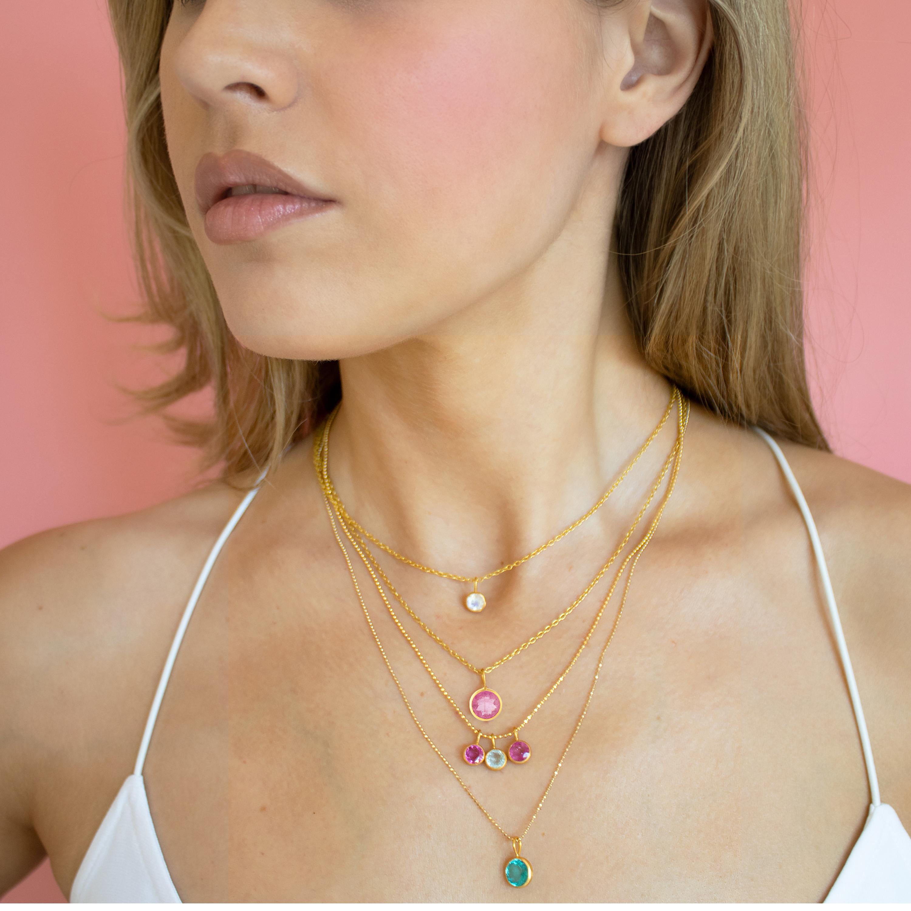 Round Cut Ico & the Bird Fine Jewelry Pink Tourmaline 22k Gold Pendant
