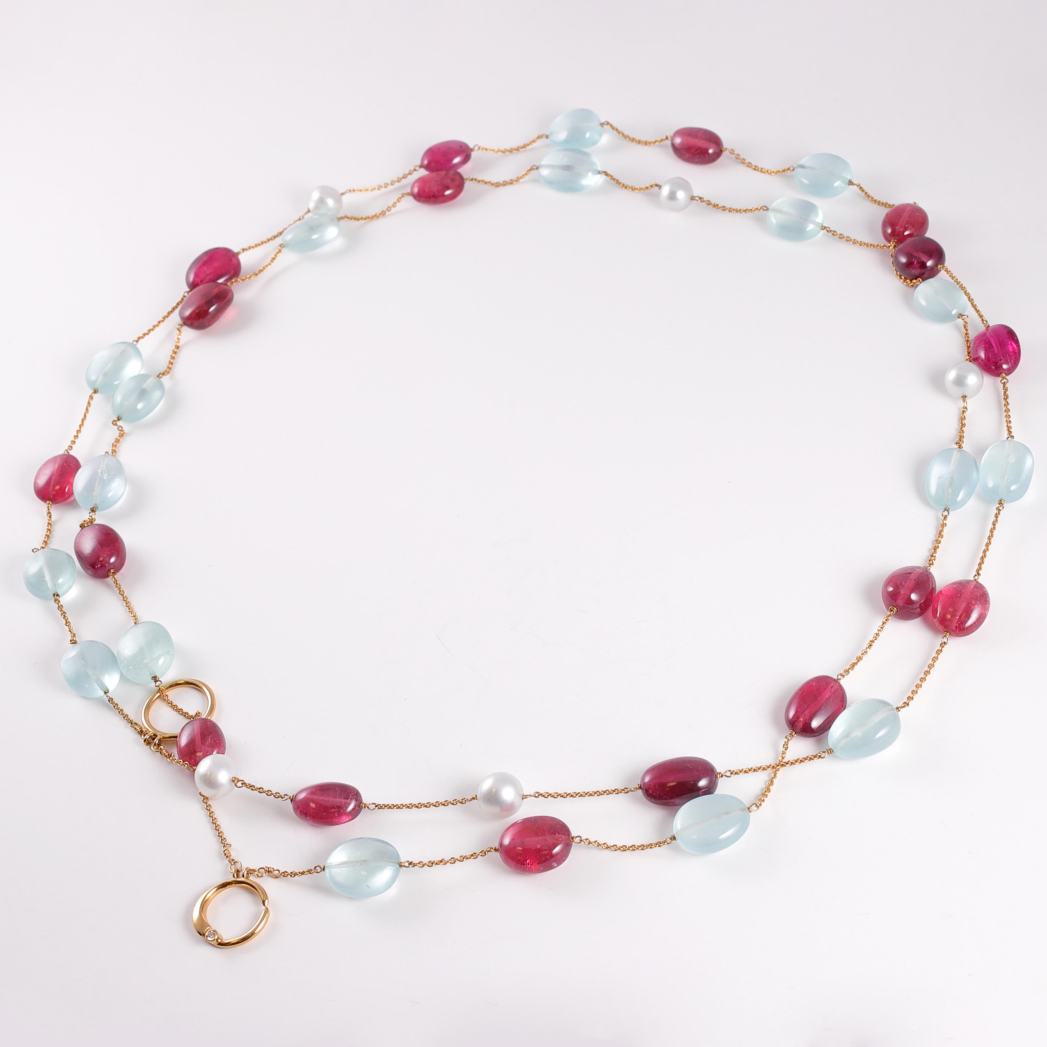 Tumbled Aquamarine Pink Tourmaline Rubellite Pearl Necklace For Sale