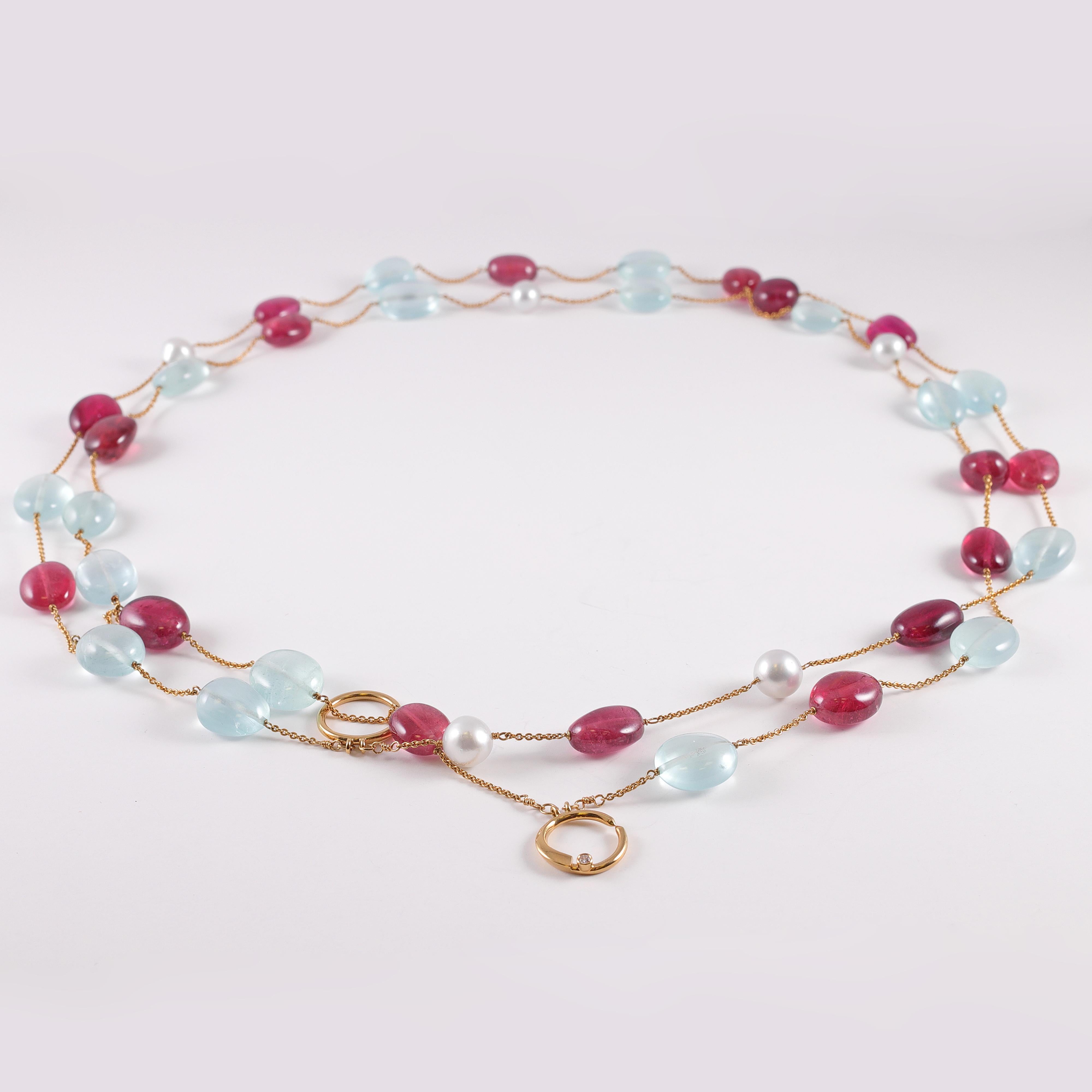 Halskette mit Aquamarin, rosa Turmalin und Rubellit Perle im Zustand „Gut“ im Angebot in Dallas, TX