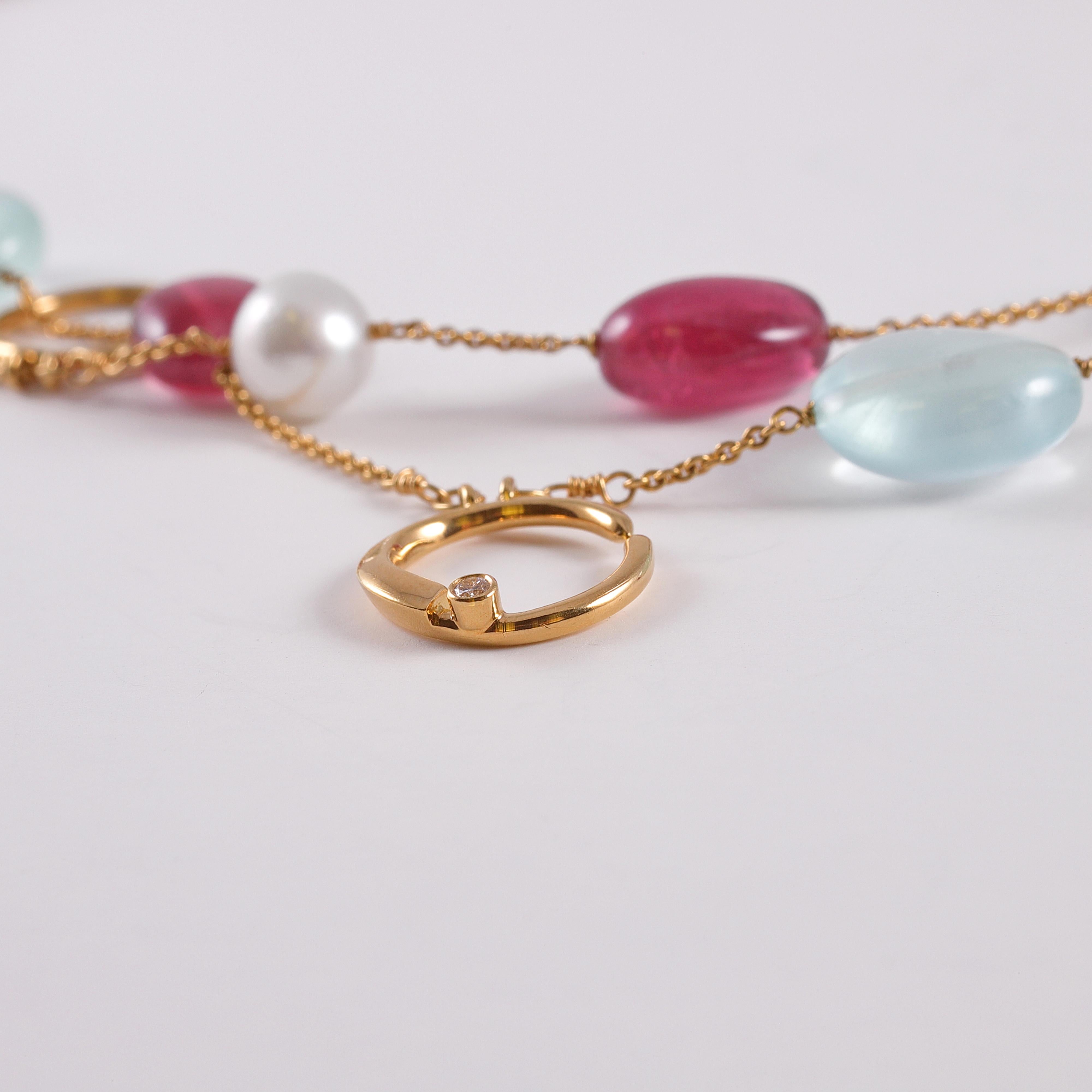 Collier d'aigue-marine, de tourmaline rose, de rubellite et de perles Unisexe en vente