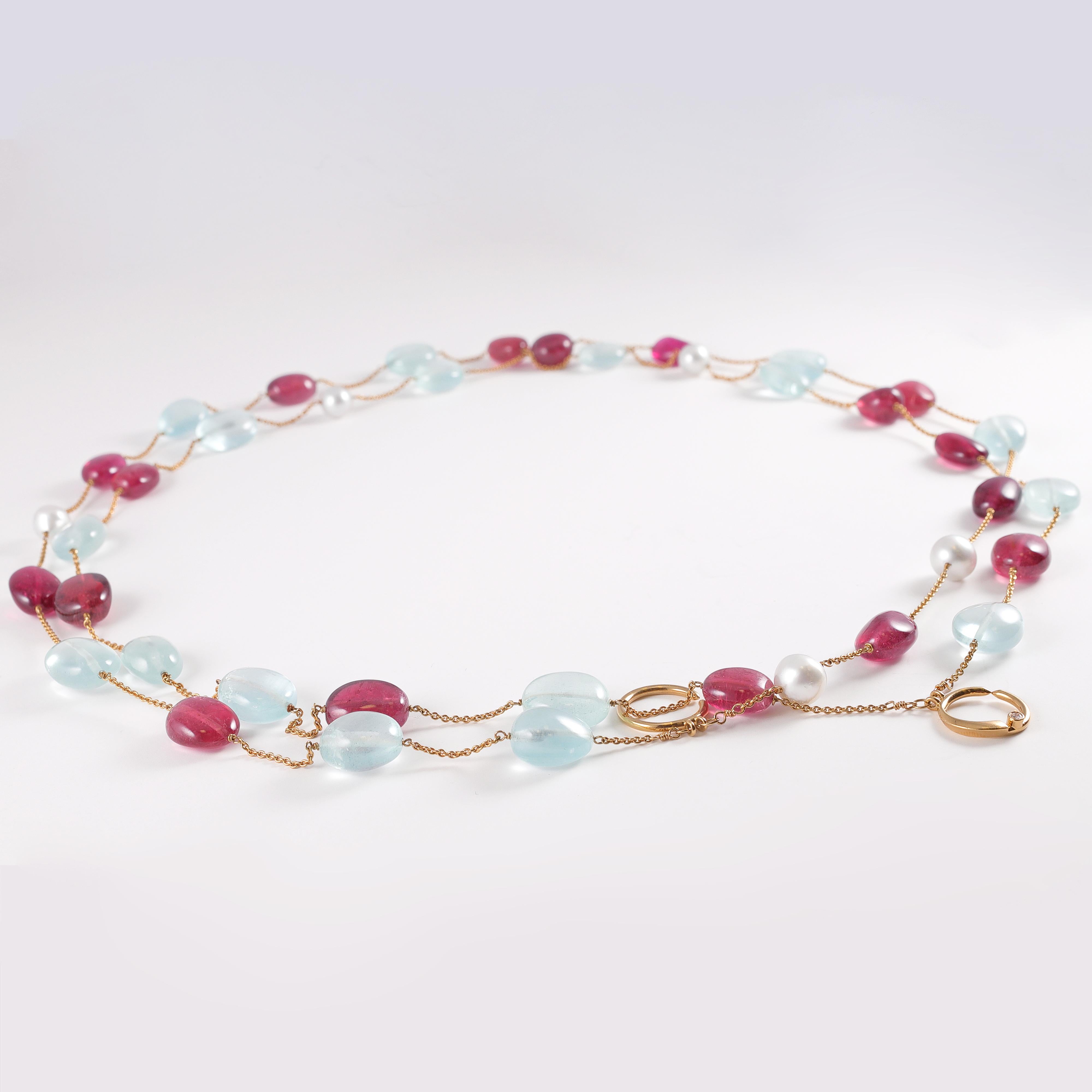 Aquamarine Pink Tourmaline Rubellite Pearl Necklace For Sale 1