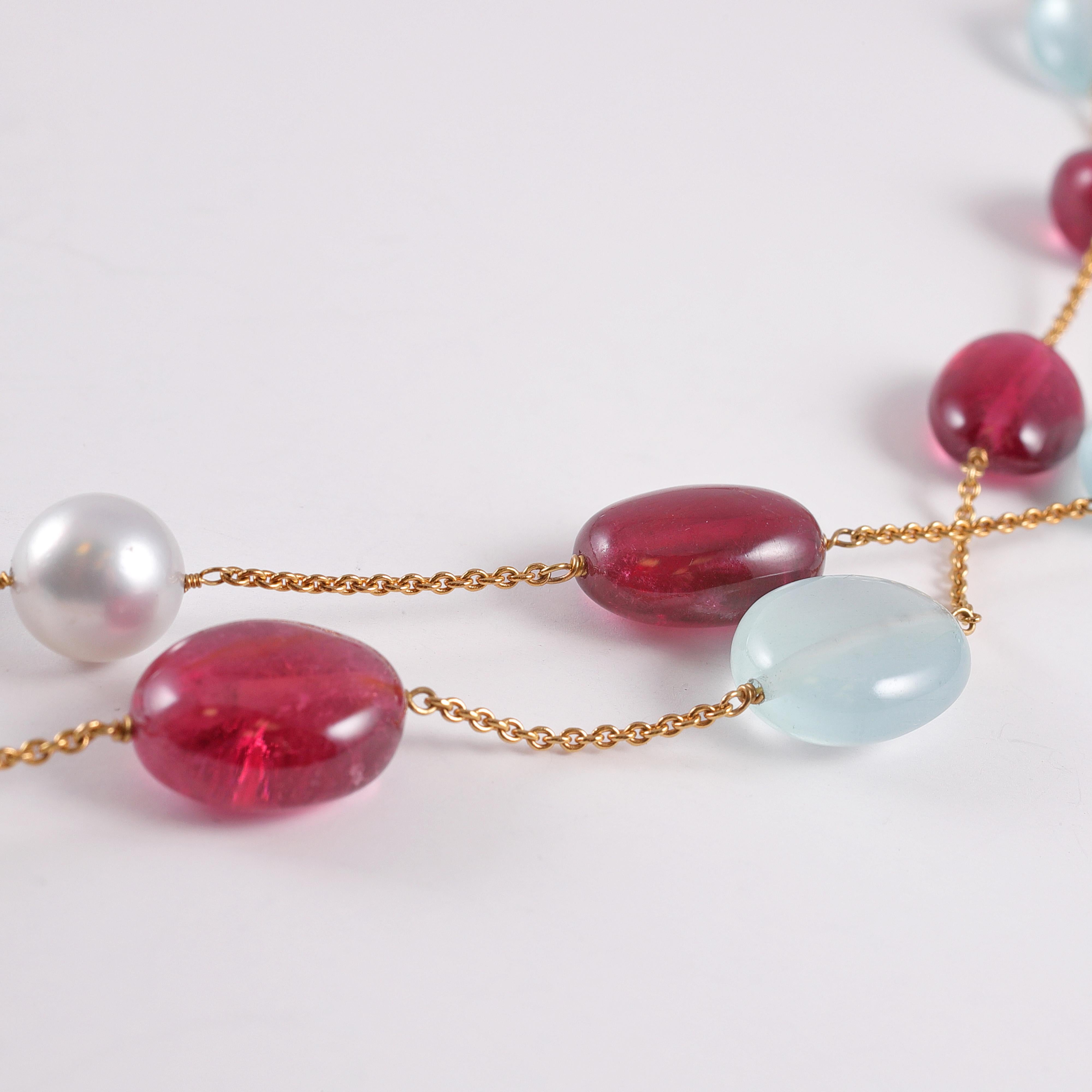 Aquamarine Pink Tourmaline Rubellite Pearl Necklace For Sale 2