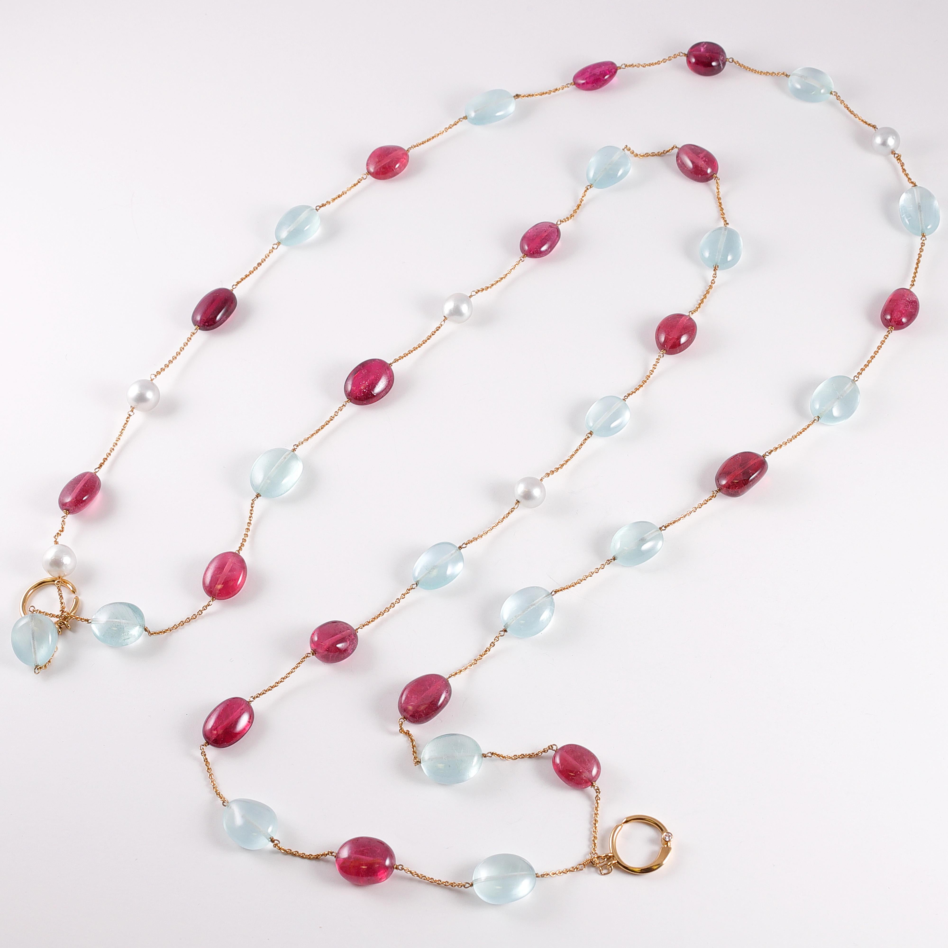 Aquamarine Pink Tourmaline Rubellite Pearl Necklace For Sale 3
