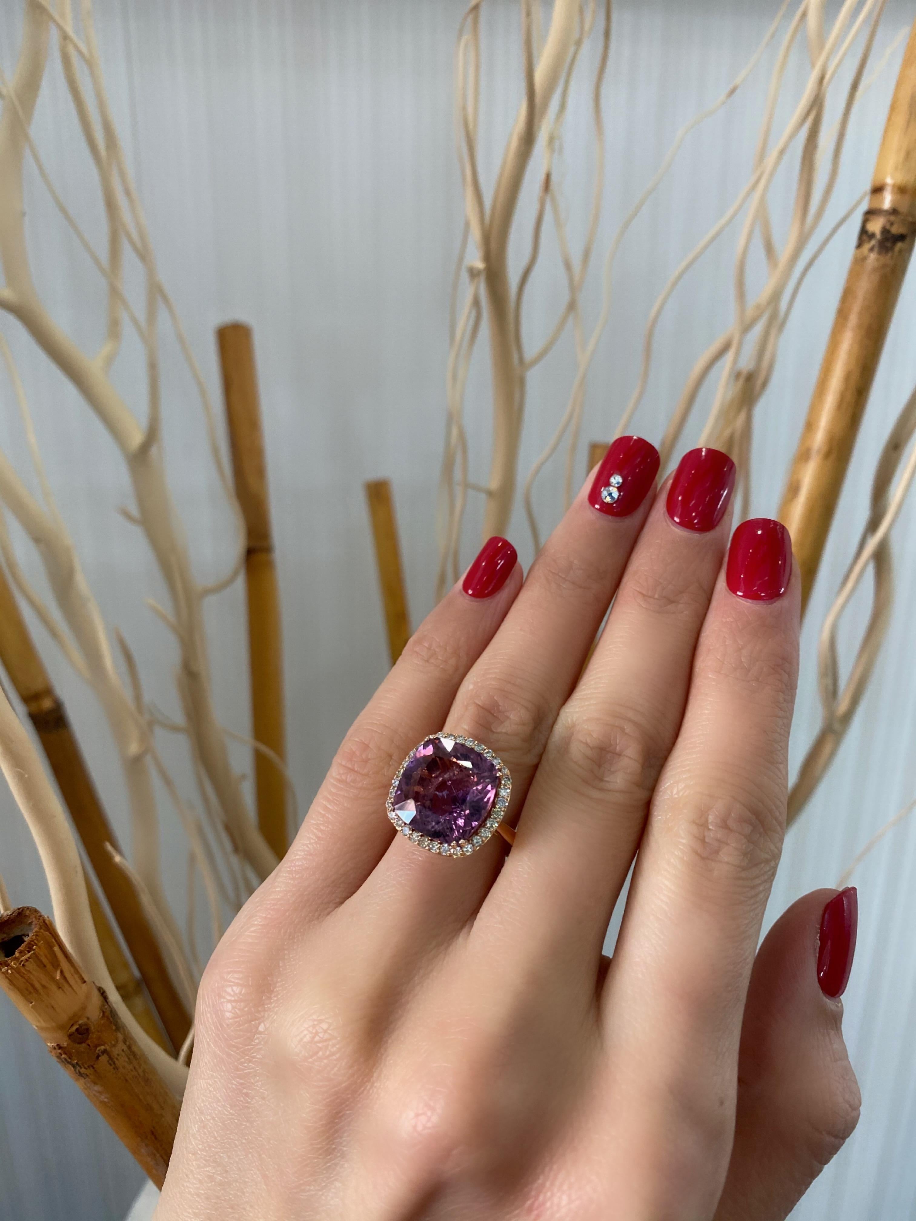 Pink Tourmaline Rubellite Cushion Diamond Halo Pave Unique Cocktail 18 Gold Ring For Sale 3